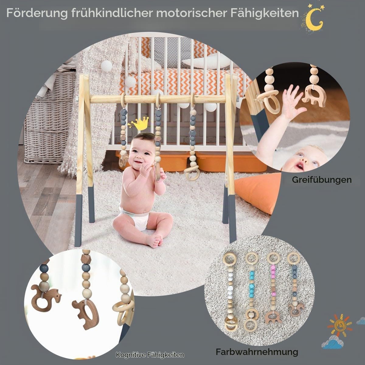 LIFEZEAL Spieltrapez, Spielbogen Baby Holz, Babyspielgerät mit 3 Spielzeugen, Holzspielzeug baby, Baby Turnhalle klappbar, Spieltrapez für Babys ab 3 Monate, Babyzimmer Kinderzimmer (Grau)