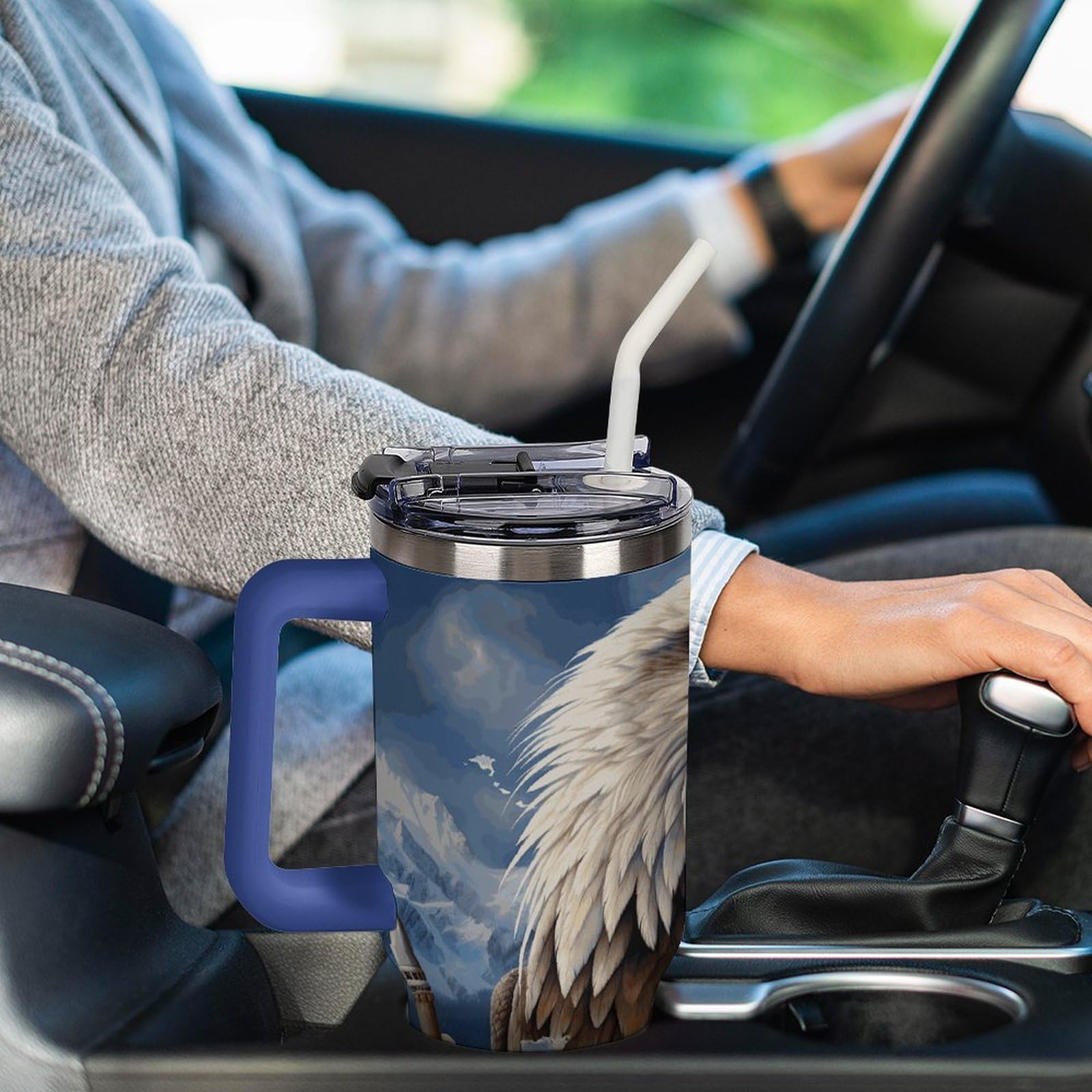 Autobecher aus 304 Edelstahl, mit Strohhalm und auslaufsicherem Deckel, großes Fassungsvermögen, vakuumisolierter Reisebecher für Auto-Becherhalter, 1,2 l