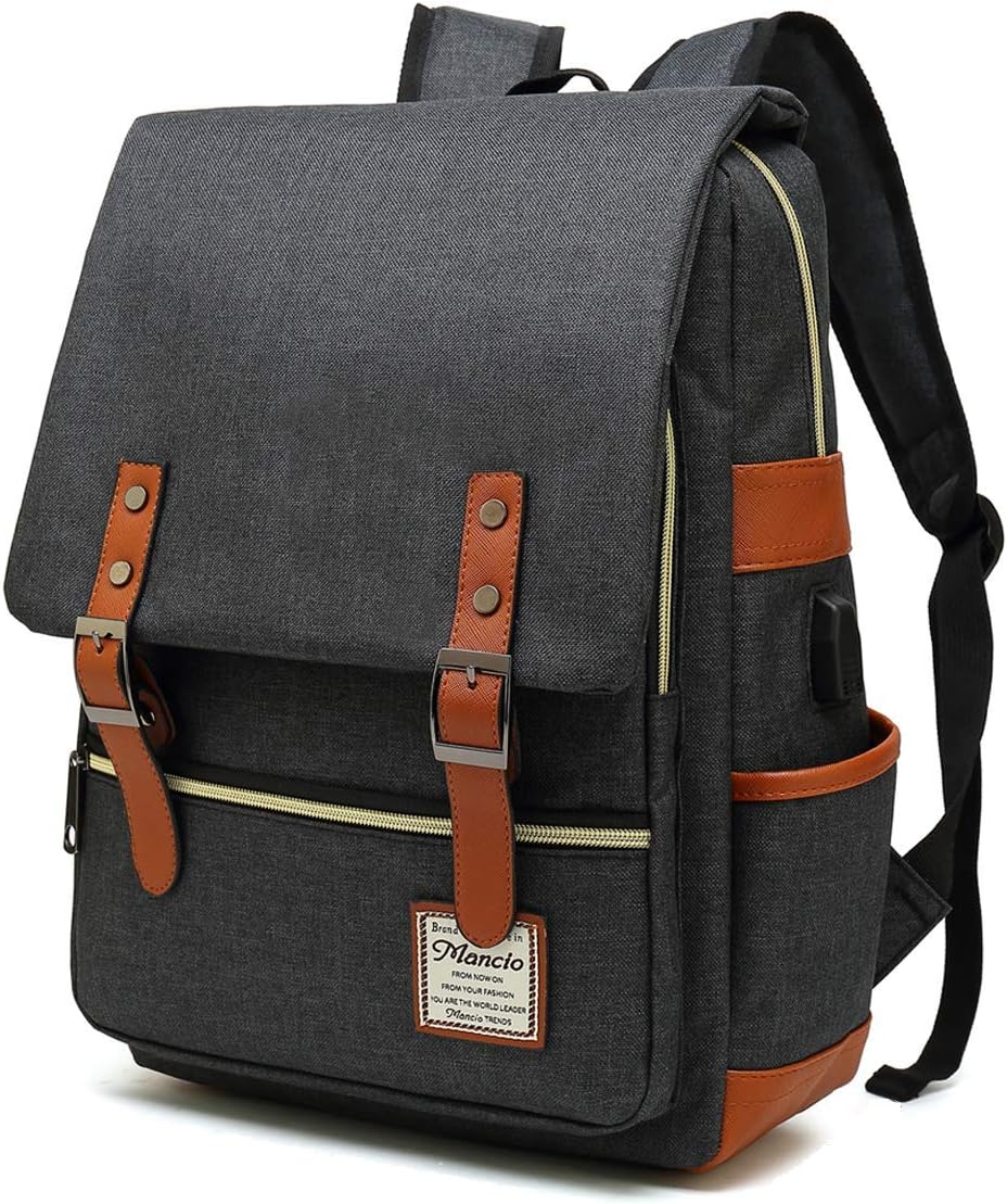Vintage Laptop Backpack with USB Charging Port, Slim Tear Resistant Business Backpack for Travelling, College, Daypacks for Men,Women, Fits up to 15.6Inch Notebook in Black