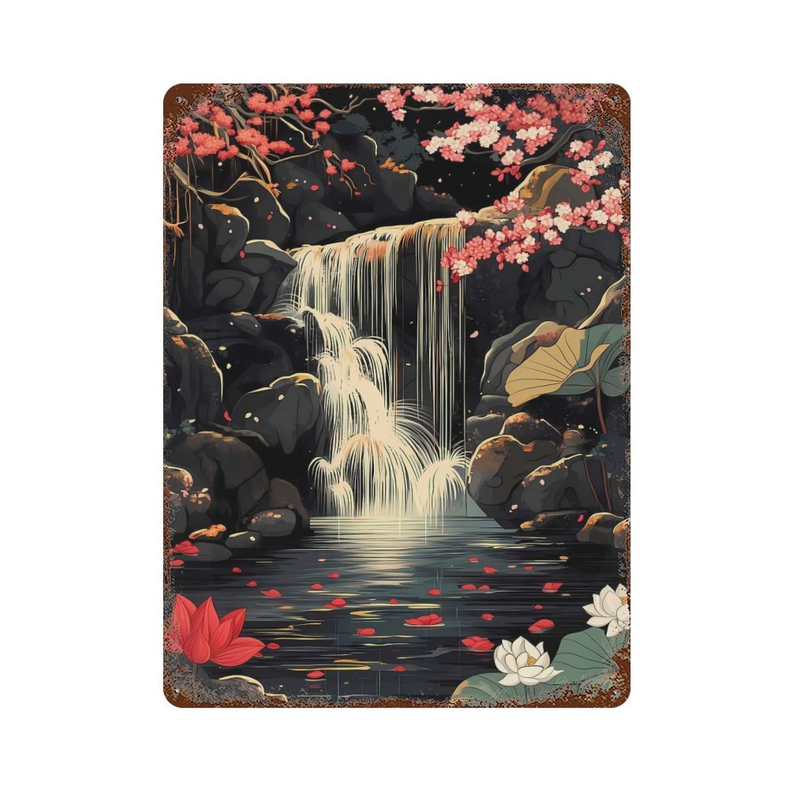 Waterfall Serenity Cherry Blossoms Lotus Japanese Rust Effect Tin Sign 15.7"x11.8", Ideal for Cafe, Home Bar And Lounge Decor