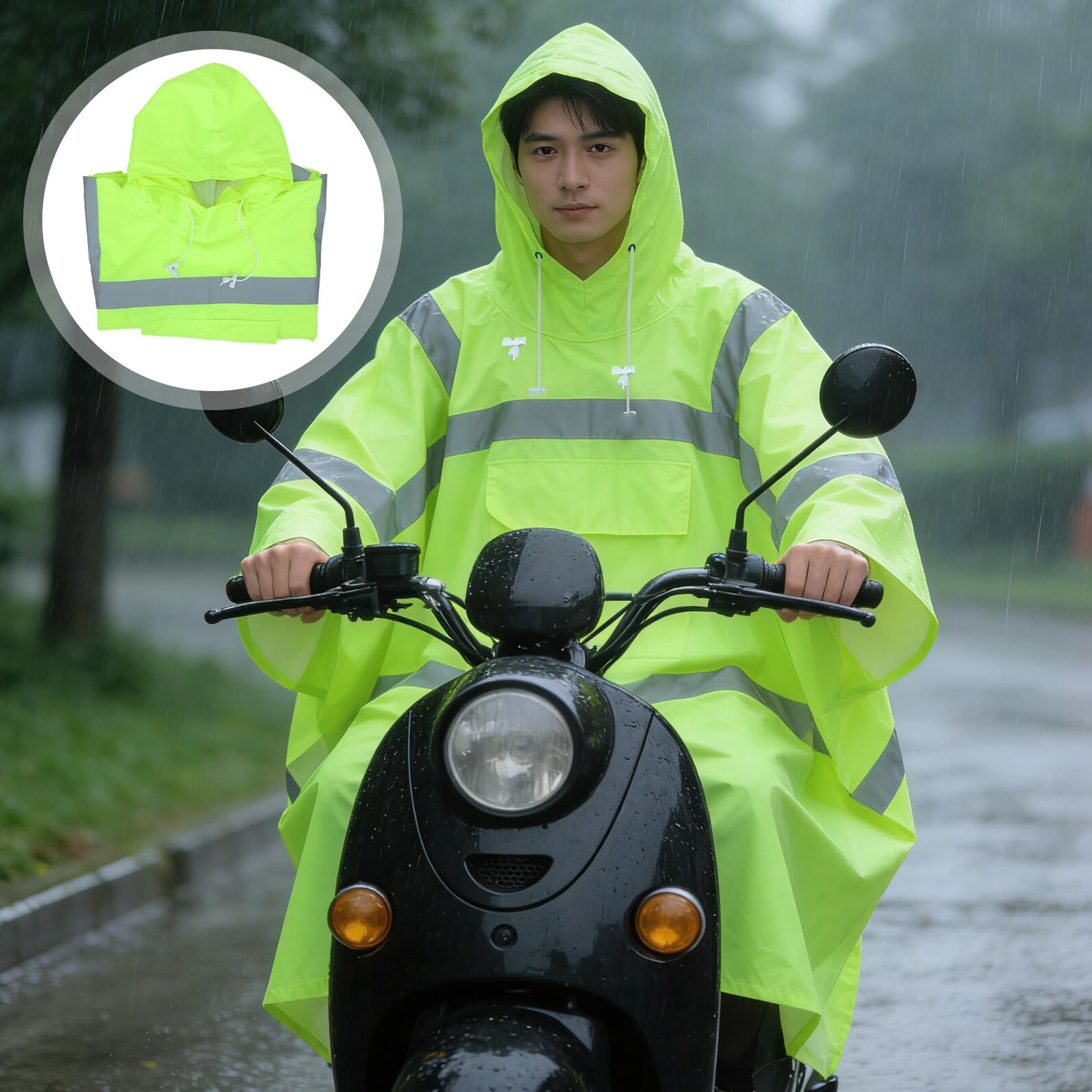 WOONEKY Poncho de Pluie Réfléchissant avec Capuche et Cordon Ajustable Haute Visibilité en Polyester Imperméable pour Adultes pour Déplacements Quotidiens et