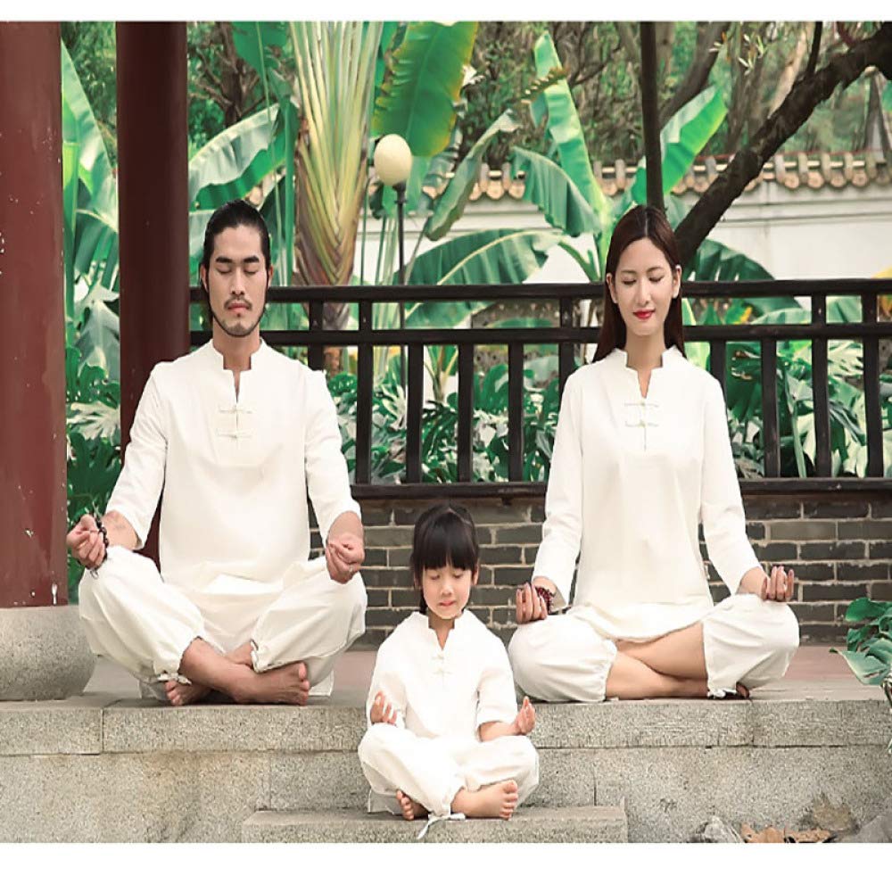XPF Tuta da Yoga Etnica in Cotone E Lino Zen Tuta Estiva da Meditazione Salute Abbigliamento Tai Chi Tuta da tè Femminile retrò,White-L