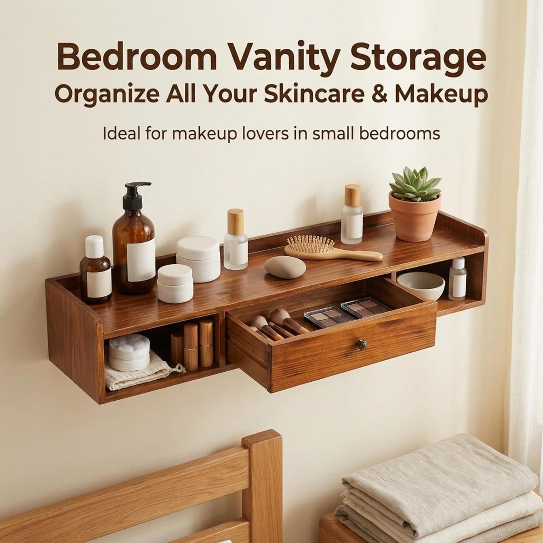 Tocador Flotante de Pared, Mesa de Maquillaje con Cajón y Repisas, Madera