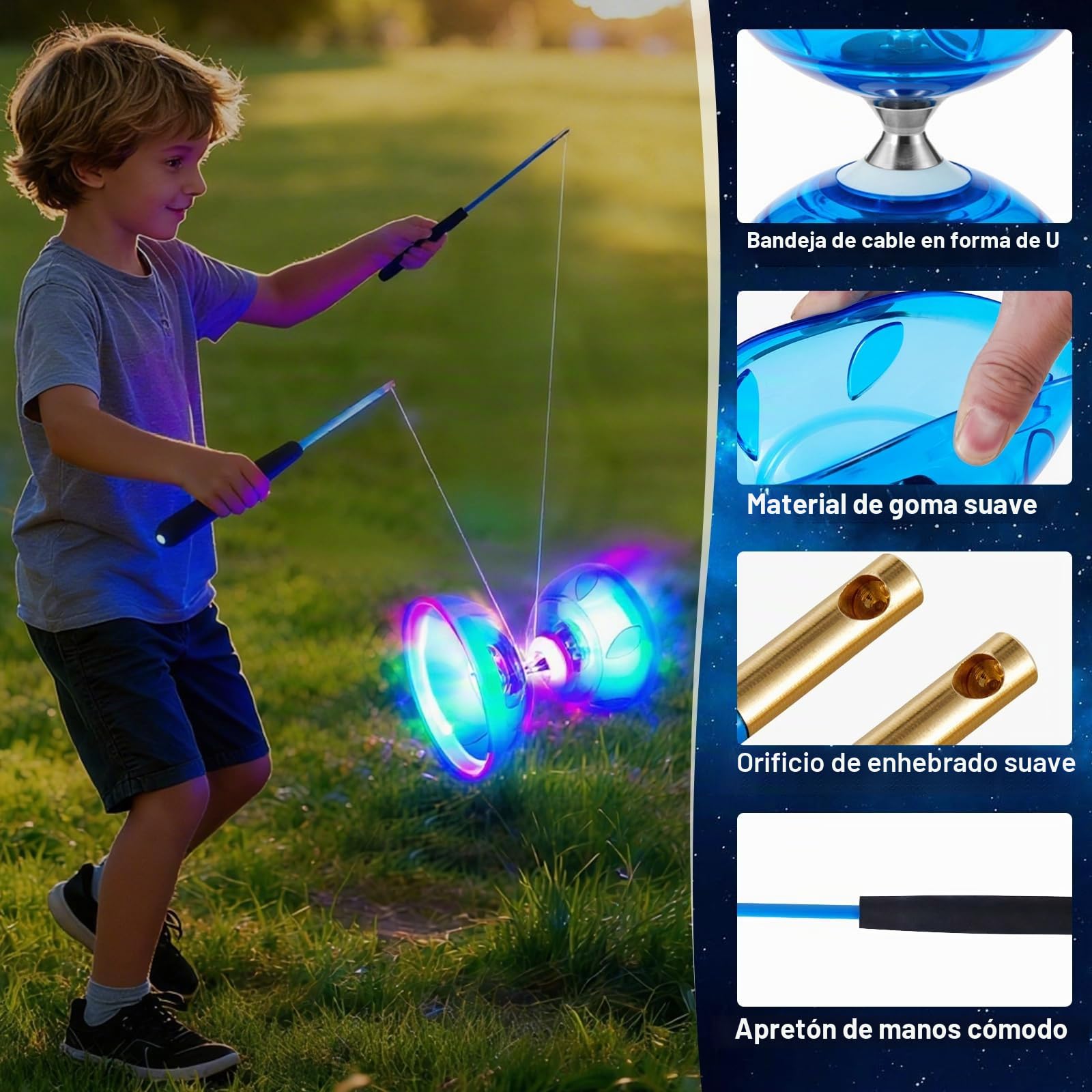 Juego de Malabares LED Diabolo, 4,5 mm Diábolo LED con Rodamiento de Bolas Diábolo Juego de Malabares para Principiantes Profesionales con 2 Bastones, 10M Cuerda de Repuesto, Bolsa de Guardado