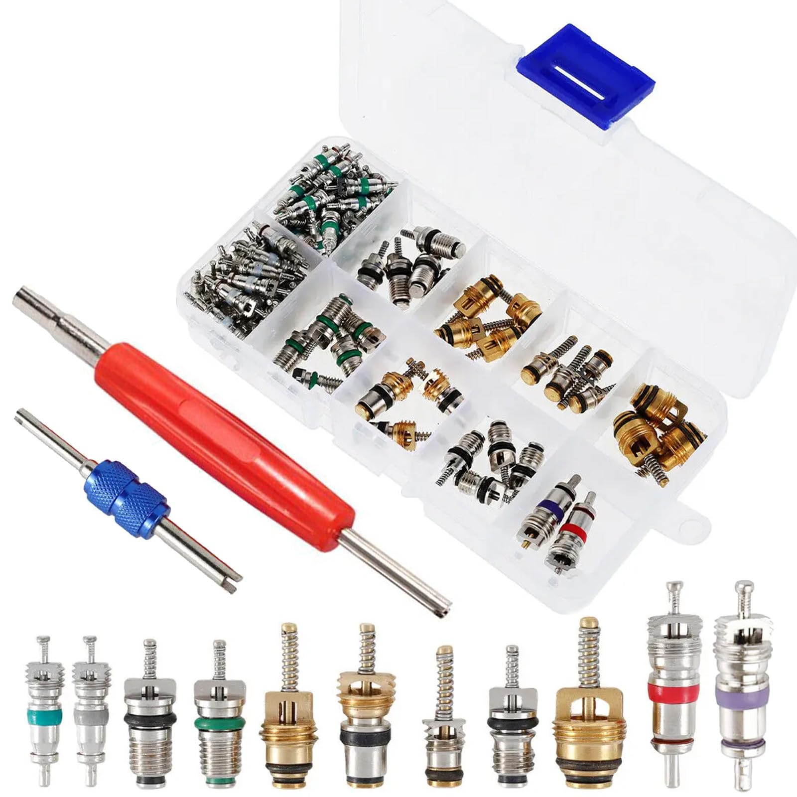 100 Pièces Valve Pneu R134A A/C avec 2 Dissolvant Double Tête, 1 Boîte Rangement, Kit Outils Noyaux Valve Clim Réfrigération Voiture pour Vélo, Moto, Climatisation Réparer Remplacement et Entretien