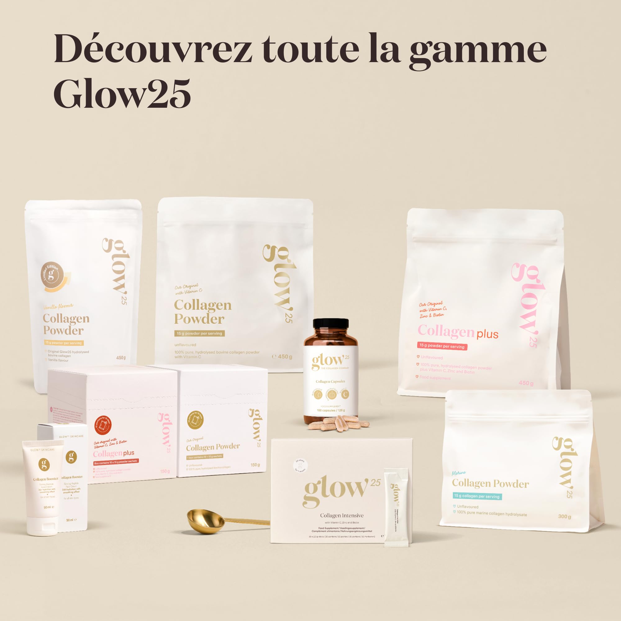 Collagene en poudre Glow25® [450g] – L'Original – Collagène premium hydrolysé pur – Peptides de type 1 et 3 – Haute Solubilité – Goût neutre – Collagène naturel – Collagen