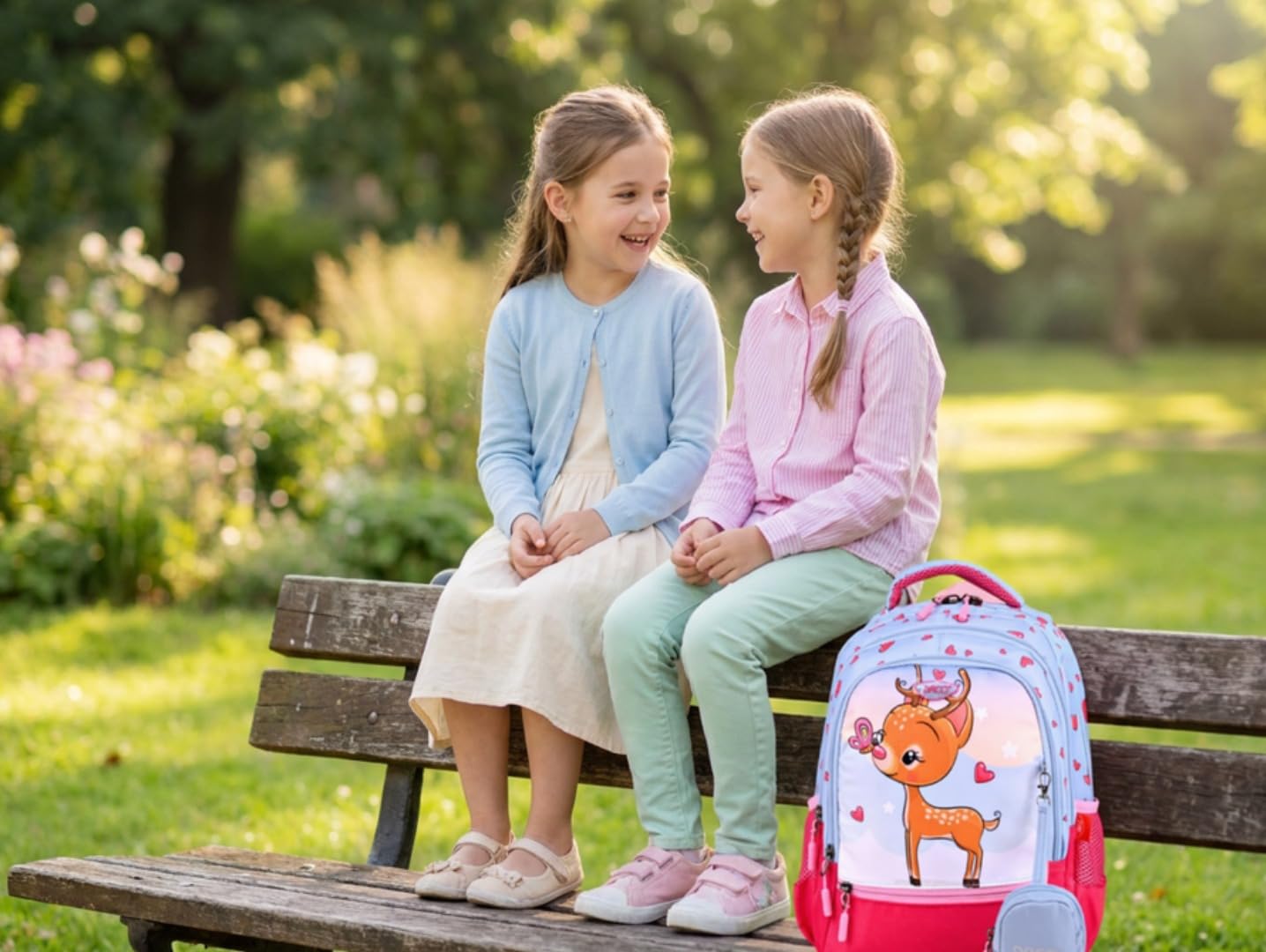 DACO Sac à Dos Scolaire Fille 38 cm – Cartable École Primaire Faon Kawaii avec Compartiments & Poches Latérales – Sac d’École Enfant Léger, Confortable & Grande Capacité Rose Bleu