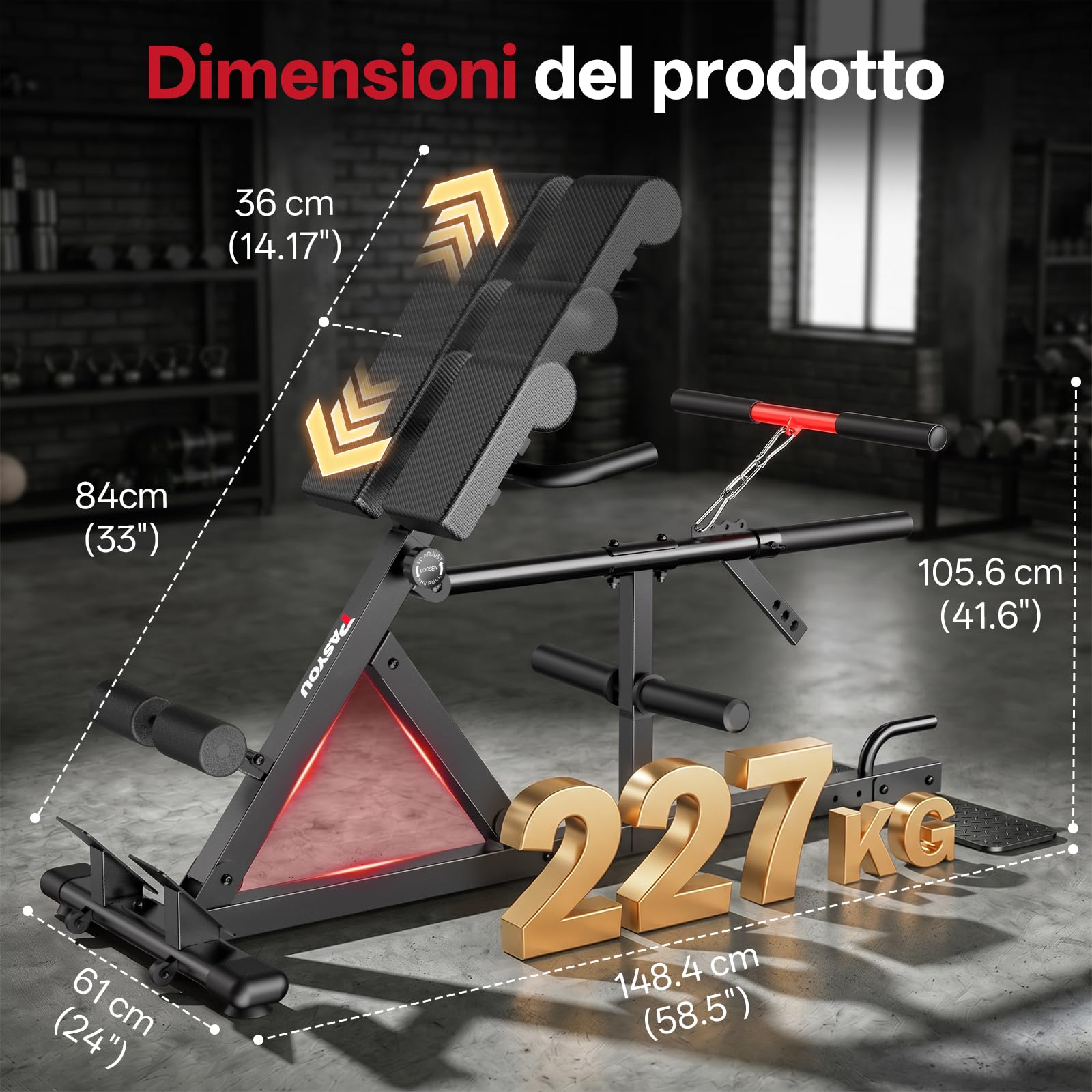 PASYOU panca romana regolabile 4-in-1 per iperestensioni, squat, stacchi, Include cintura da sollevamento, compatibile con dischi 1" e 2", Ideale per home gym