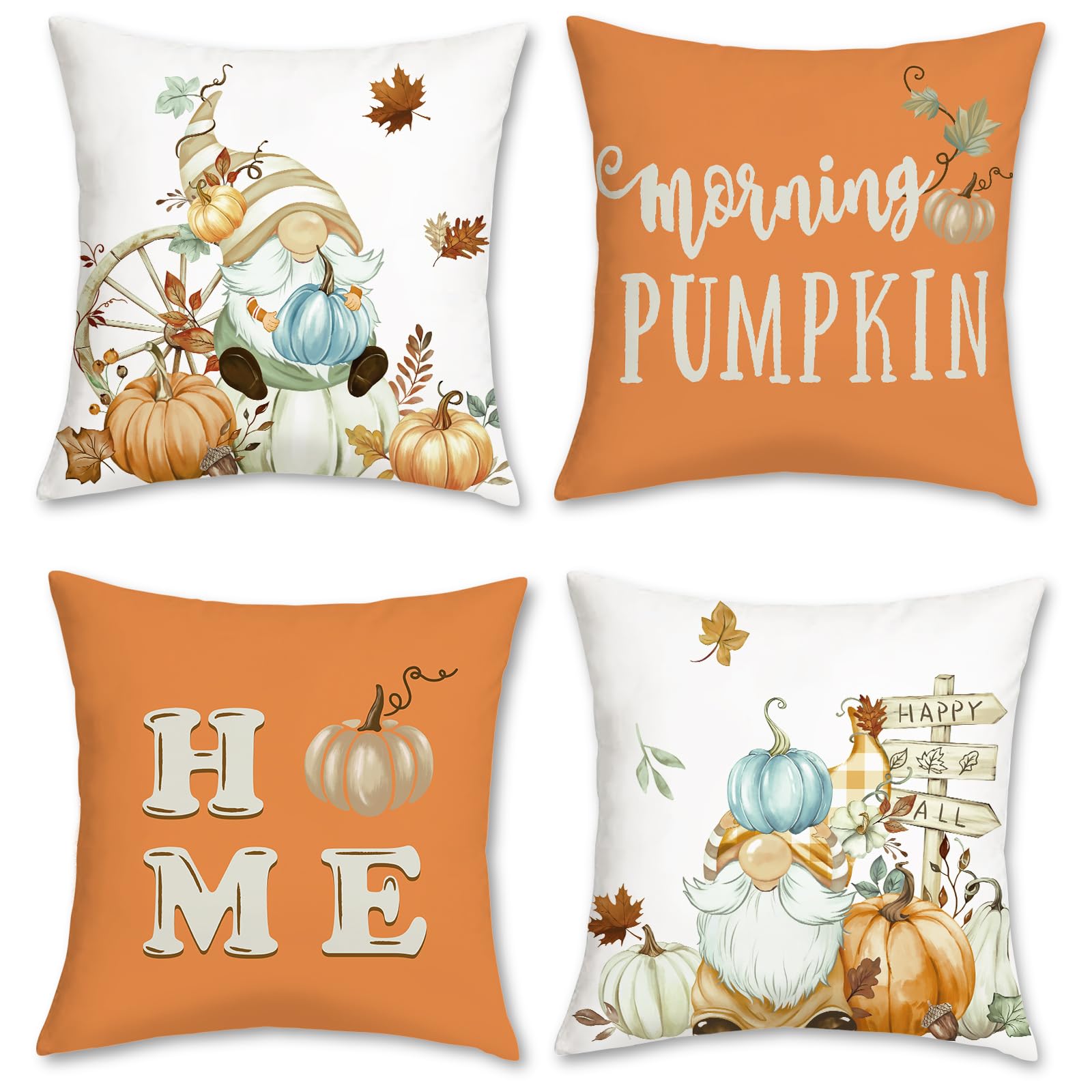 Housses De Coussin Automne Citrouilles Fleurs Rose Orange - 45x45 Cm - 4 Pièces Décoratives Canapé Lit Maison