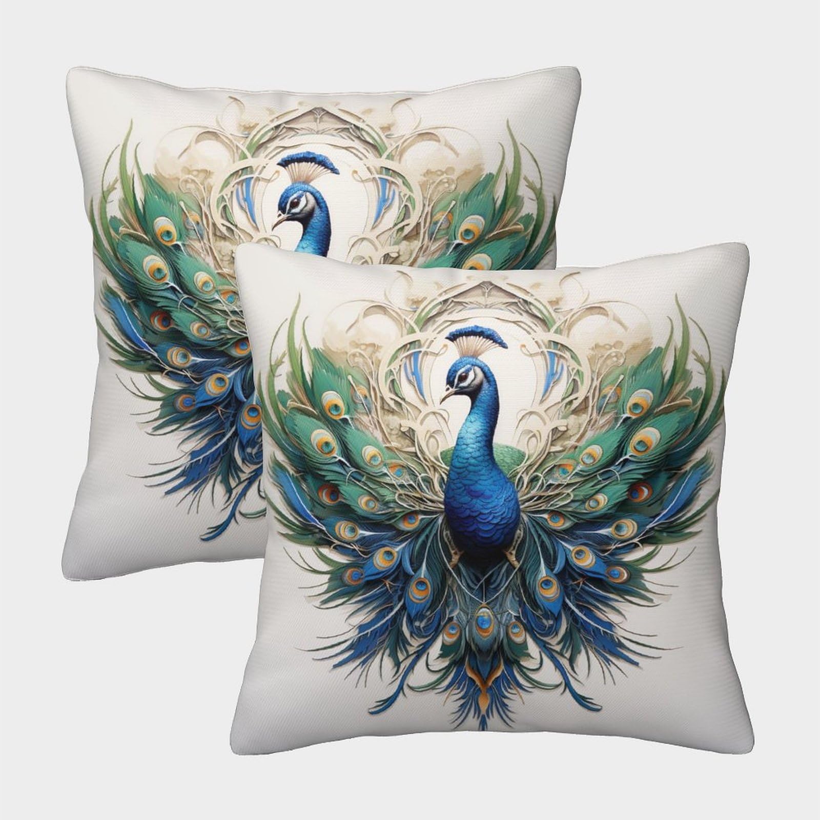 Mefese Peacock-20 3D Printed Peacock Throw Pillow Covers Beautiful Peacock Square Cushion Cover Garden Cushion Super Soft Pack Of 2 For Sofa Couch Bed 45X45cm