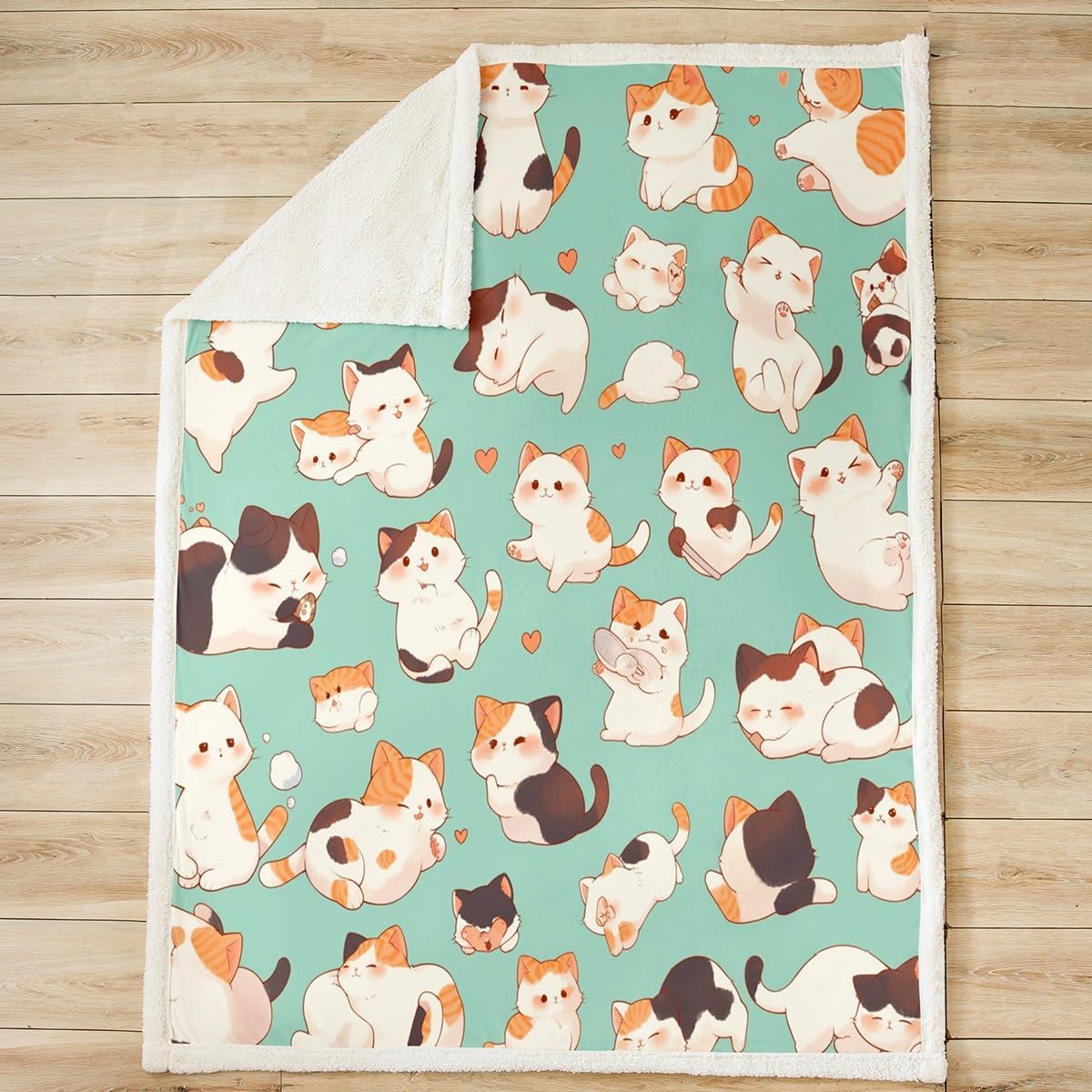 Manfei Cartoon Cats Kids Throw Blanket,Cats Pattern Love Heart Bed Blanket for Boys Girls,Lovely Animals Pets Rustic Farmhouse Fleece Blanket,Teal Cute Fuzzy Blanket,Twin Size (60 x 80 Inches)