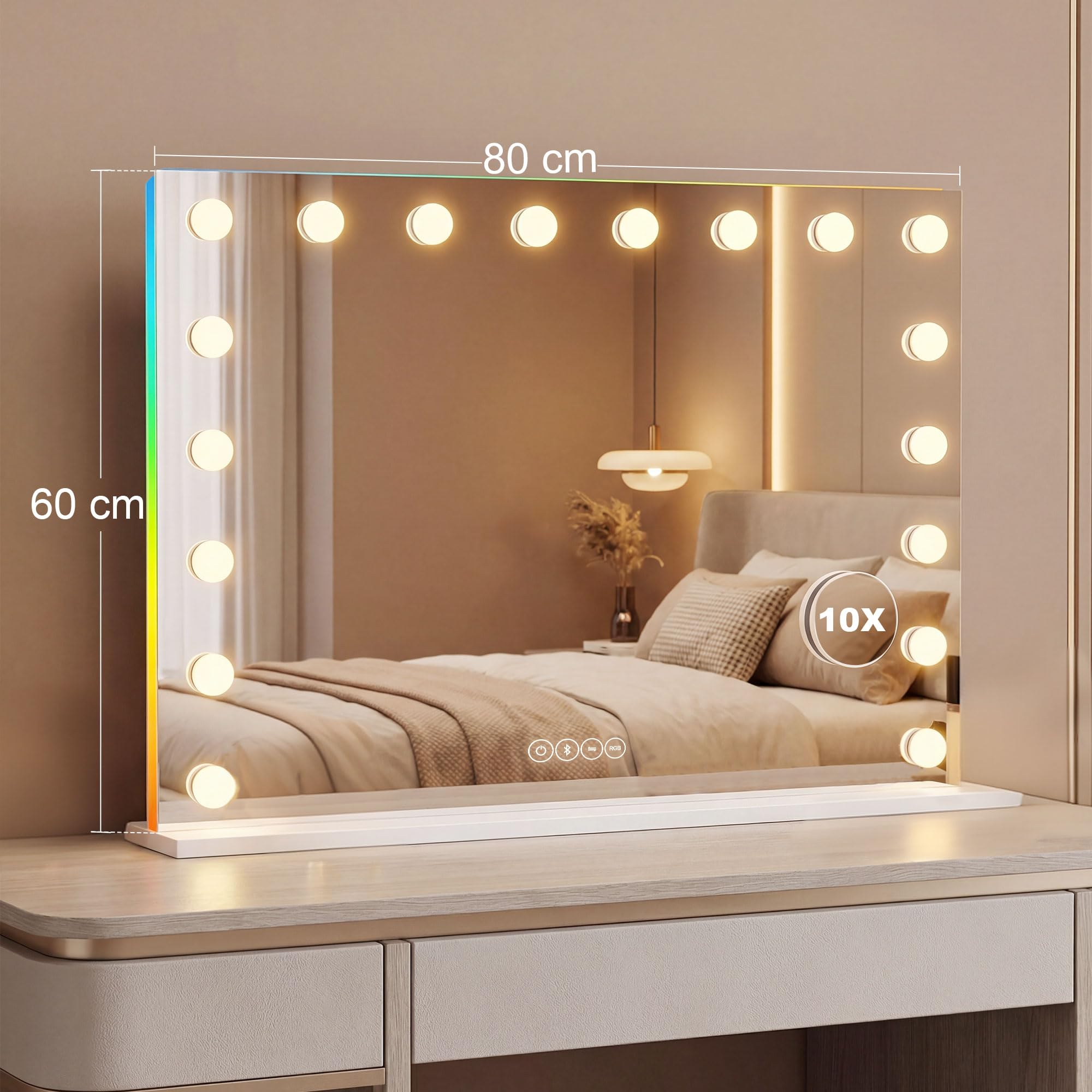 HOMCOM Miroir Maquillage Hollywood 80x60cm Miroir Coiffeuse LED 18 Ampoules dimmables 3 Couleurs d'éclairage lumière RGB Haut-Parleur Bluetooth grossissement 10x contrôle Tactile sur Table/sur Mur