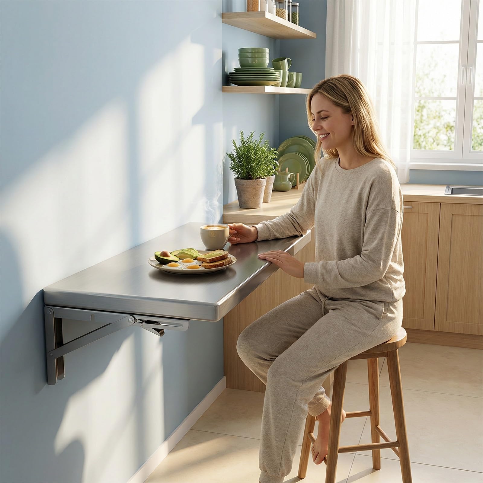 Table Pliante Murale en Acier Inoxydable,Table Murale Pliable, Table à Manger, Facile À Poser for Cuisine, Chambre, Salon, Bureau(100x40cm/39.3x15.7in)