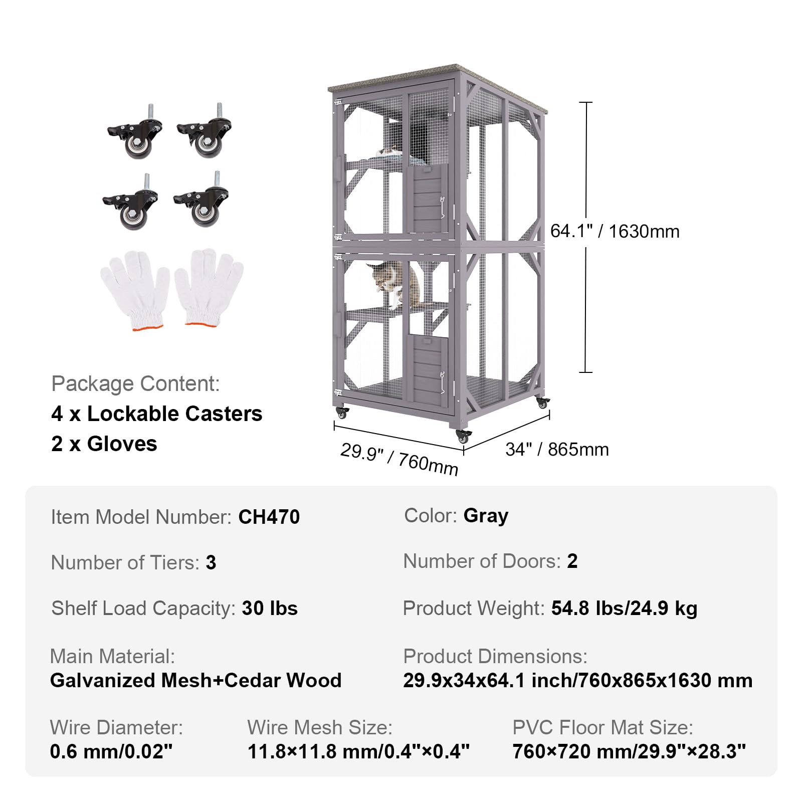 VEVOR Cage pour Chat 3 Niveaux Grande Cage sur roulettes Verrouillables Pivotant 360° Enclos Chat 760x865x1630 mm avec Boîte de Repos pour 1-2 Chats Petits Animaux Lapins Hamsters Intérieur Extérieur