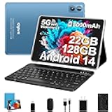 2025 Android 14 Tablet 10 inch, 22G RAM+128G ROM/1TB Expansion, 8000 mAh Battery, Octa-Core, 1280 * 800 IPS HD Screen, Face Unlock, Widevine L1, 2 in 1 Tablet with Keyboard Mouse - Metal Blue