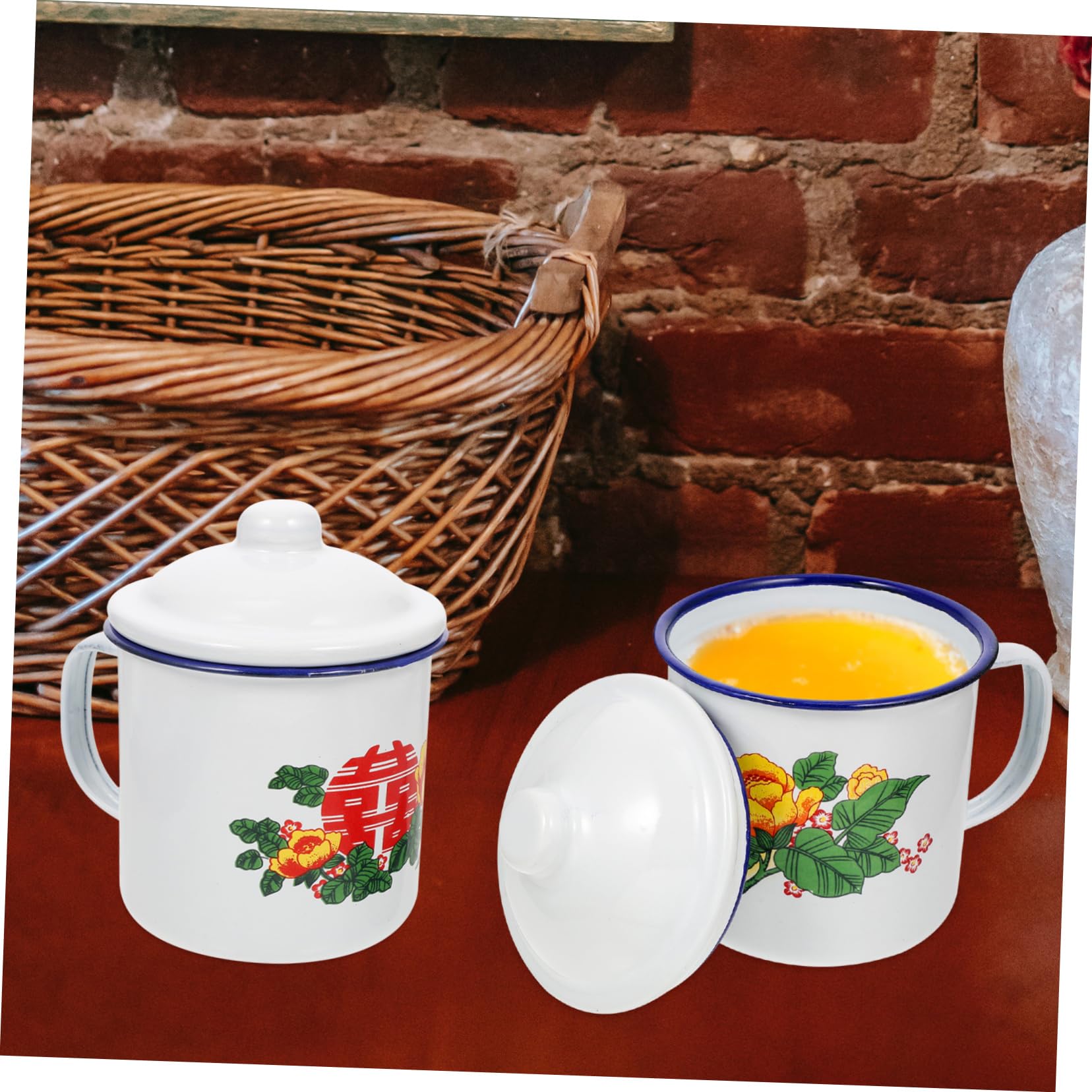 SOIMISS Tazza da Tè Retrò in Smalto 500ml Coperchio, Design Manico Isolante, Lavabile a Ampia Apertura, Set 2 Pezzi per Uso Domestico e Campeggio Stili multipli