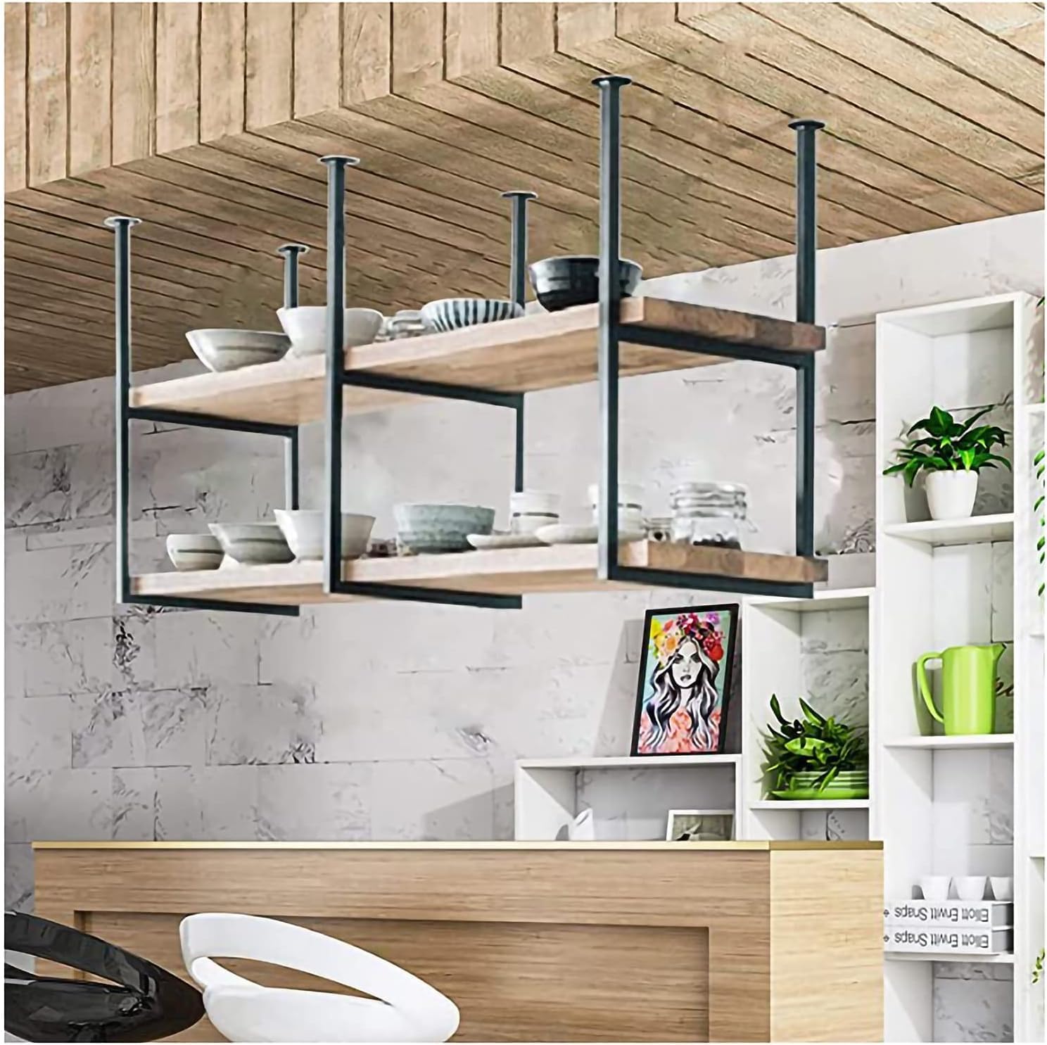 Scaffali di stoccaggio rustici industriali montati a soffitto Mensole da parete galleggianti in legno per garage Soluzioni di nizzazione domestica salvaspazio Eleganti unità di stoccaggio a parete