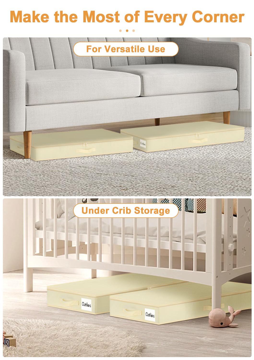 Unterbett-Aufbewahrungsbox mit Deckel, 2 Stück, 12 cm hoch, niedrig, beige, Unterbett-Aufbewahrungsboxen mit Bodenstütze, faltbare flache Unterbett-Aufbewahrungstasche mit Reißverschluss für