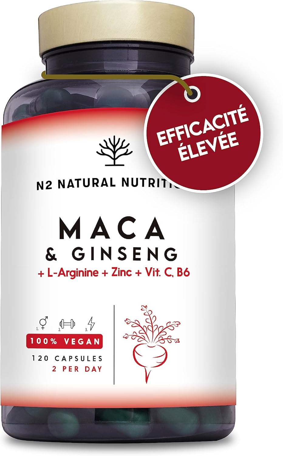 Maca Complex with Ginseng, Arginine, Vitamins, Zinc. Hormone Regulator, Anti-stress, Energy. 120 Capsules 60 Days. Increases Endurance and Energy. 100% Natural. CE. N2 Natural Nutrition