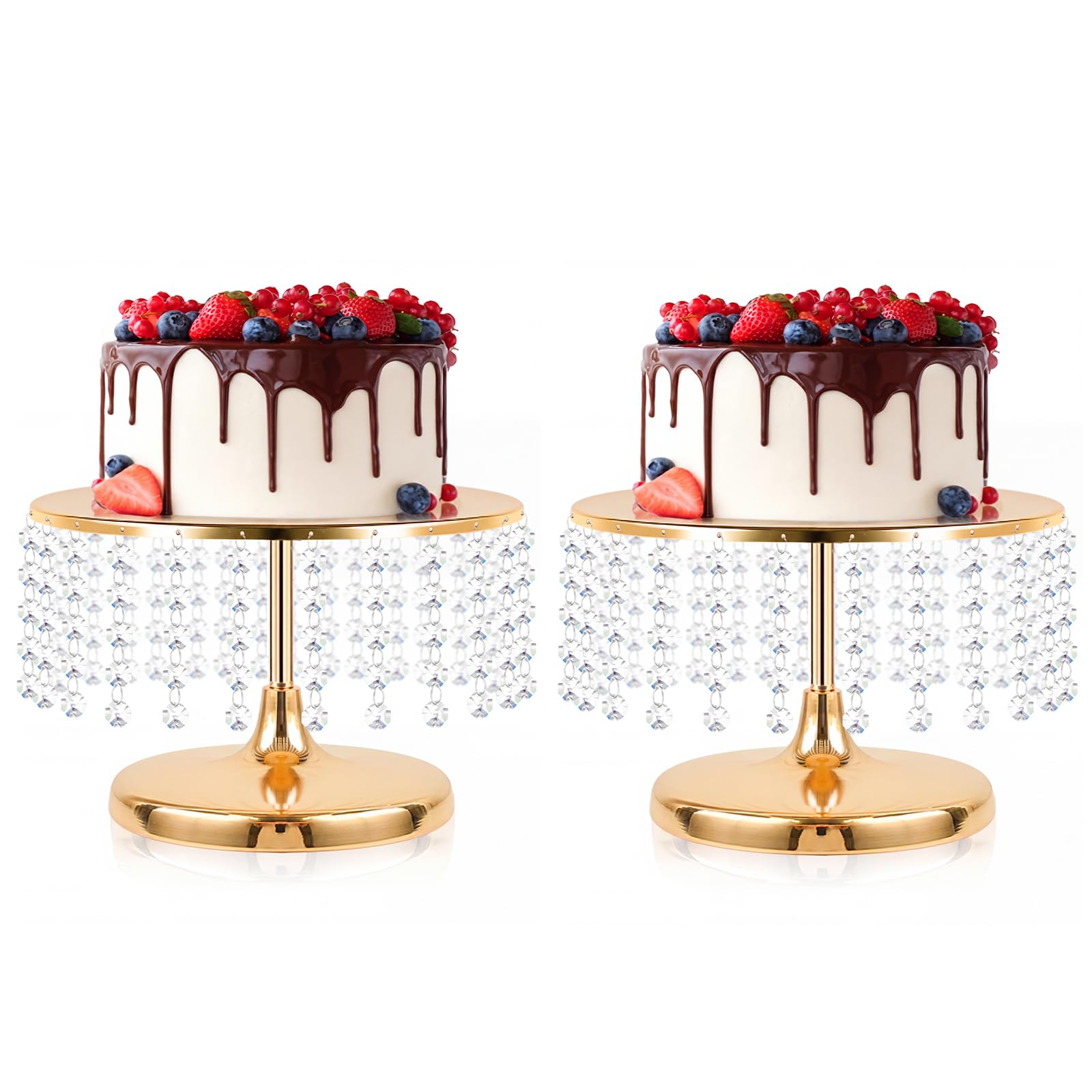 Présentoir à gâteaux miroir doré 30 cm lot de 2 en métal avec cristaux pour table de dessert