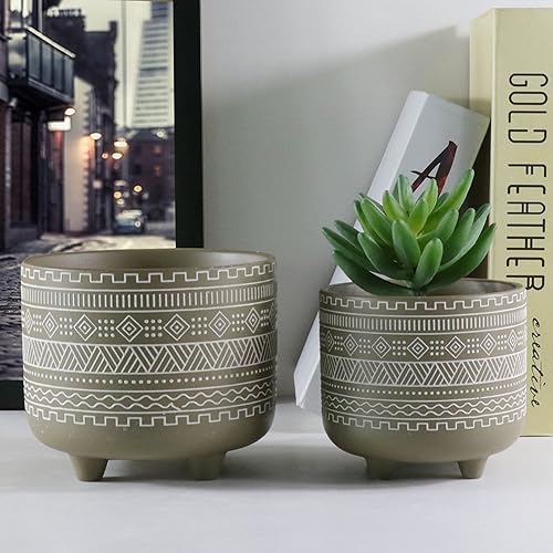 Miniatura 7 de Juego de 2 macetas de cerámica gris para plantas, 6 pulgadas y 4.7 pulgadas, diseño geométrico moderno, macetas para suculentas, hogar, oficina,