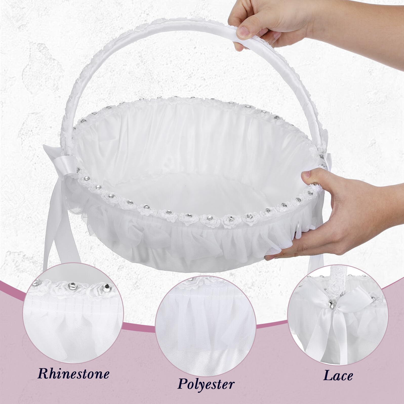 VICASKY Brautblumenkorb aus Polyester mit Spitze Leichter Hochzeitskorb für Blumenmädchen Romantischer Handkorb für Hochzeitszeremonien und Events