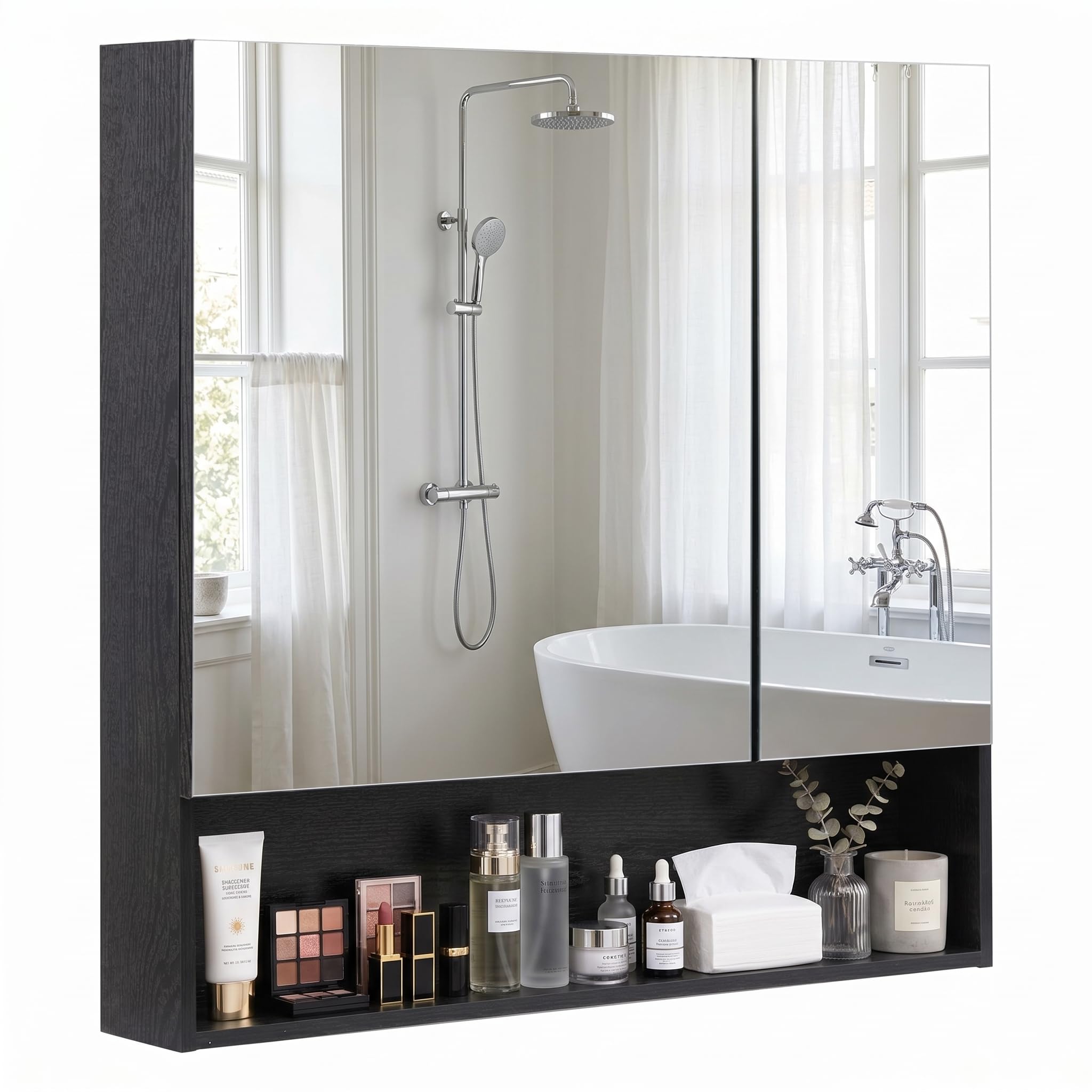 HollyHOME Armario de baño con espejo organizador de joyas, armario de almacenamiento de 2 puertas de espejo montado en la pared con estante ajustable, 62 pulgadas de ancho x 14 pulgadas de profundidad