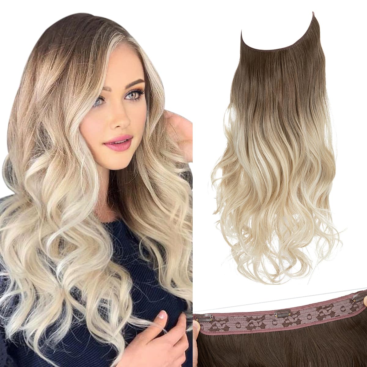 SARLA Ombre Invisible Wire Hair Extensions with 3 Clips Long Synthetic Wavy Curly Hairpiece Adjustable Transparent Headband for Women 18 Inch Brown to Cool Blonde