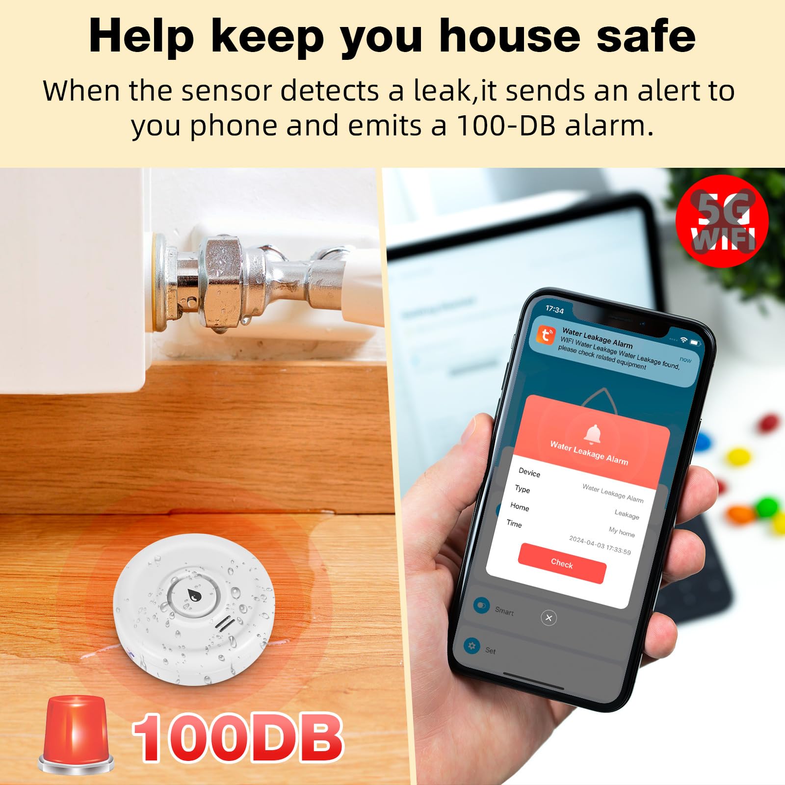 Lot de 5 détecteurs de fuite d'eau WiFi, alarme d'eau 100 dB, pour la maison, la cave, la salle de bain, la cuisine (lot de 3)