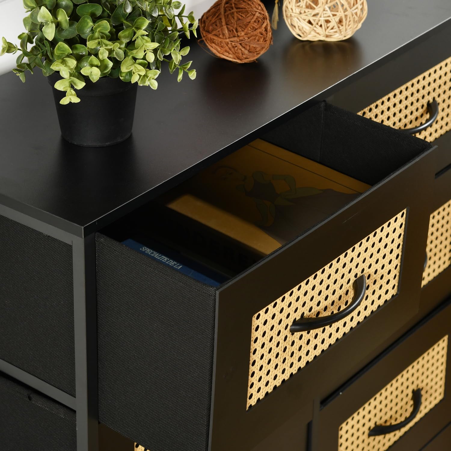 Mobile TV da 55 pollici, console multimediale in legno stile industriale con 9 cassetti portaoggetti in tessuto, lunghezza 100 cm, nero vintage, per soggiorno, camera da letto, cucina