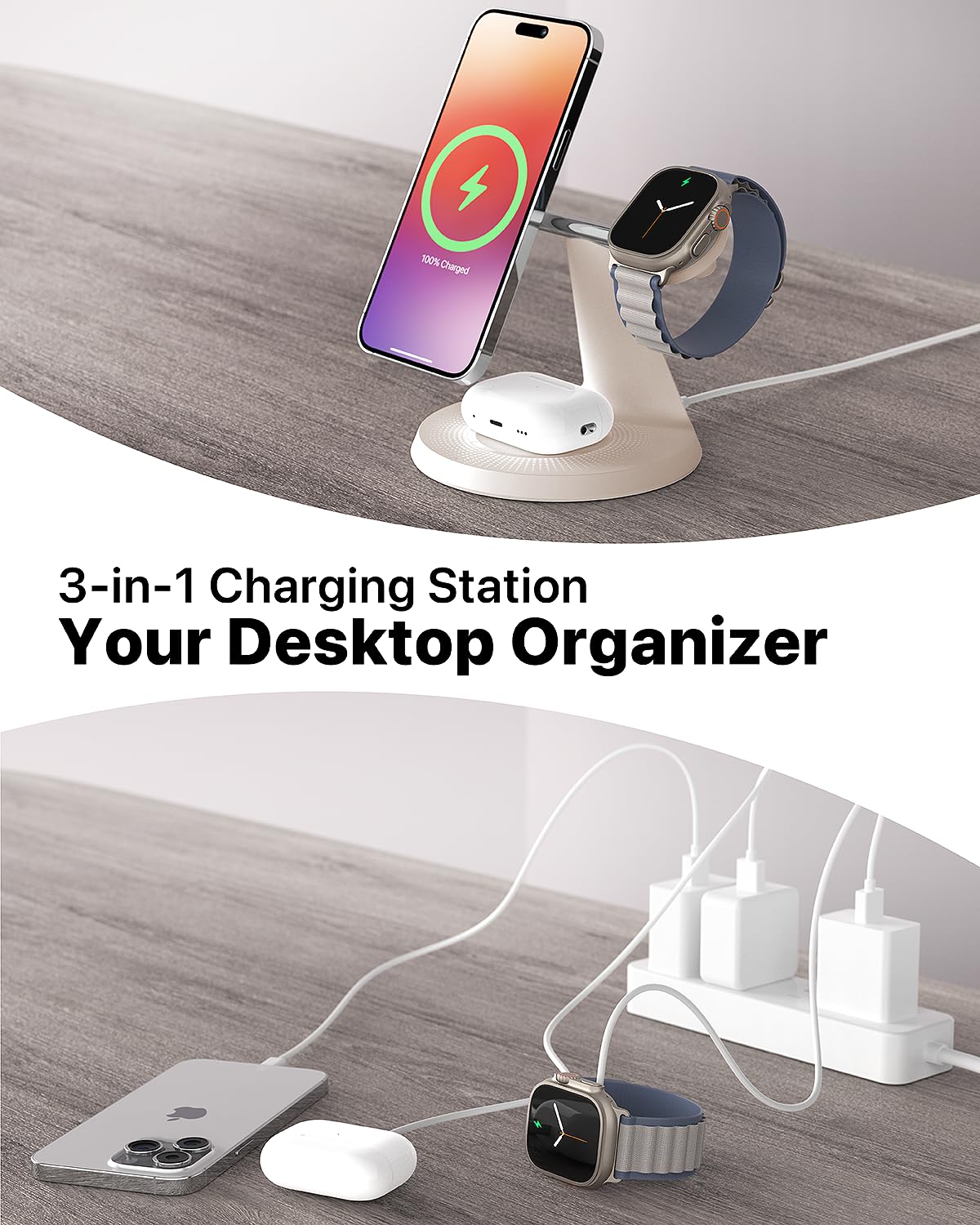 Estación de carga inalámbrica 3 en 1 para dispositivo Apple: estación de carga rápida para iPhone y reloj con MagSafe, soporte de cargador estable para iPhone 12-16 y iWatch y AirPods