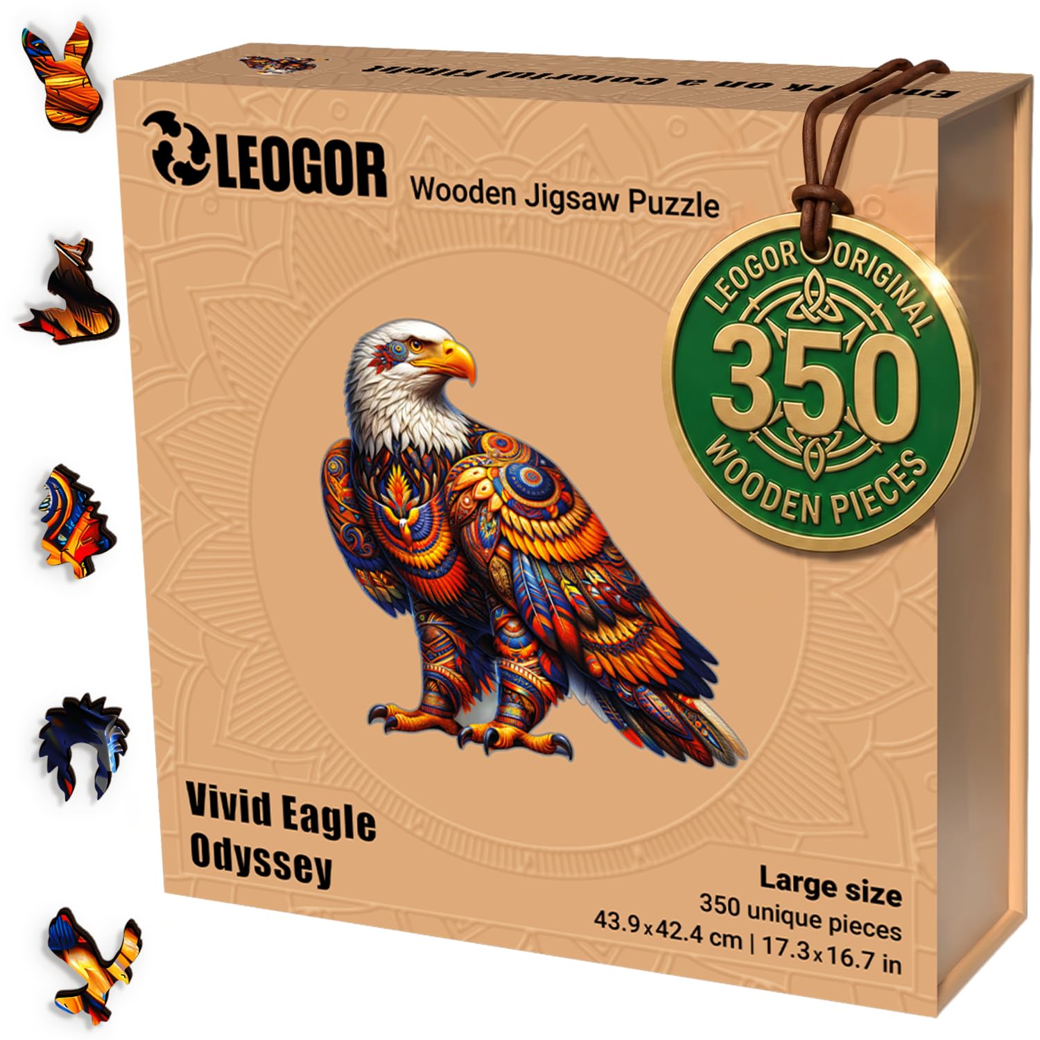 LEOGOR Puzzles en bois pour adultes – Vivid Eagle Odyssey – 350 pièces uniques en forme d'animaux – Décoration murale en bois naturel de qualité supérieure de 5 mm d'épaisseur – Jeu de société