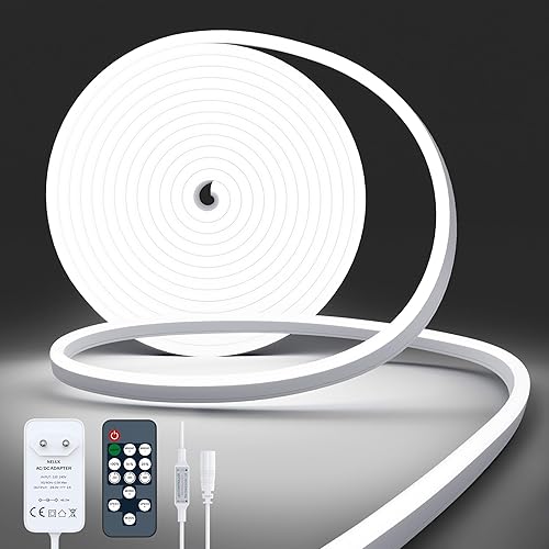 Tira Neon LED Impermeable y Flexible para Exterior o Interior de 5m y Blanco Frio 6500K, Luces LED Neón Flex Regulable. 