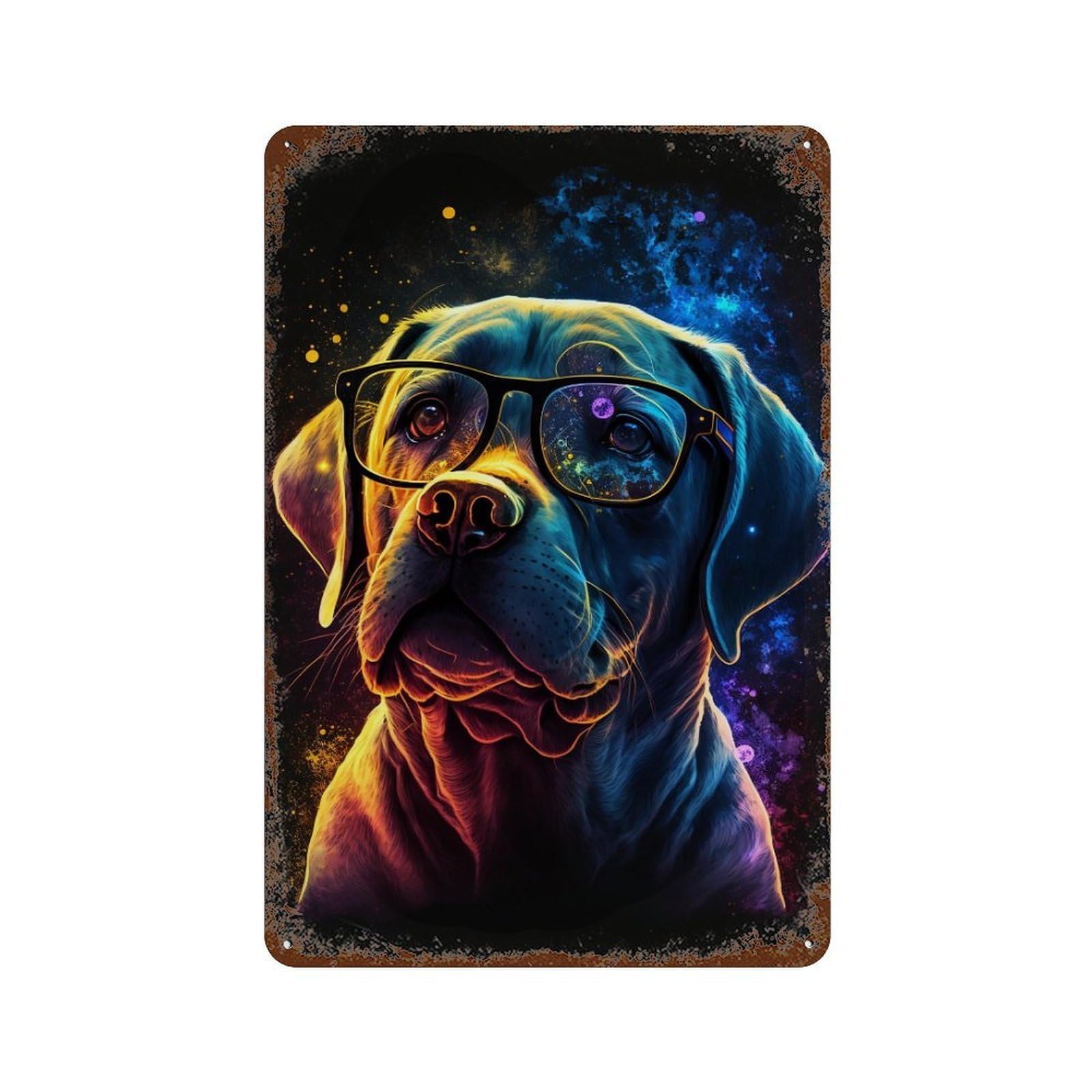 Rust Effect Galactic Pup Glasses Art Print Distressed Metal Wall Sign 11.8"x7.9", Farmhouse Wall Decor for Office, Studio And Wall Decor