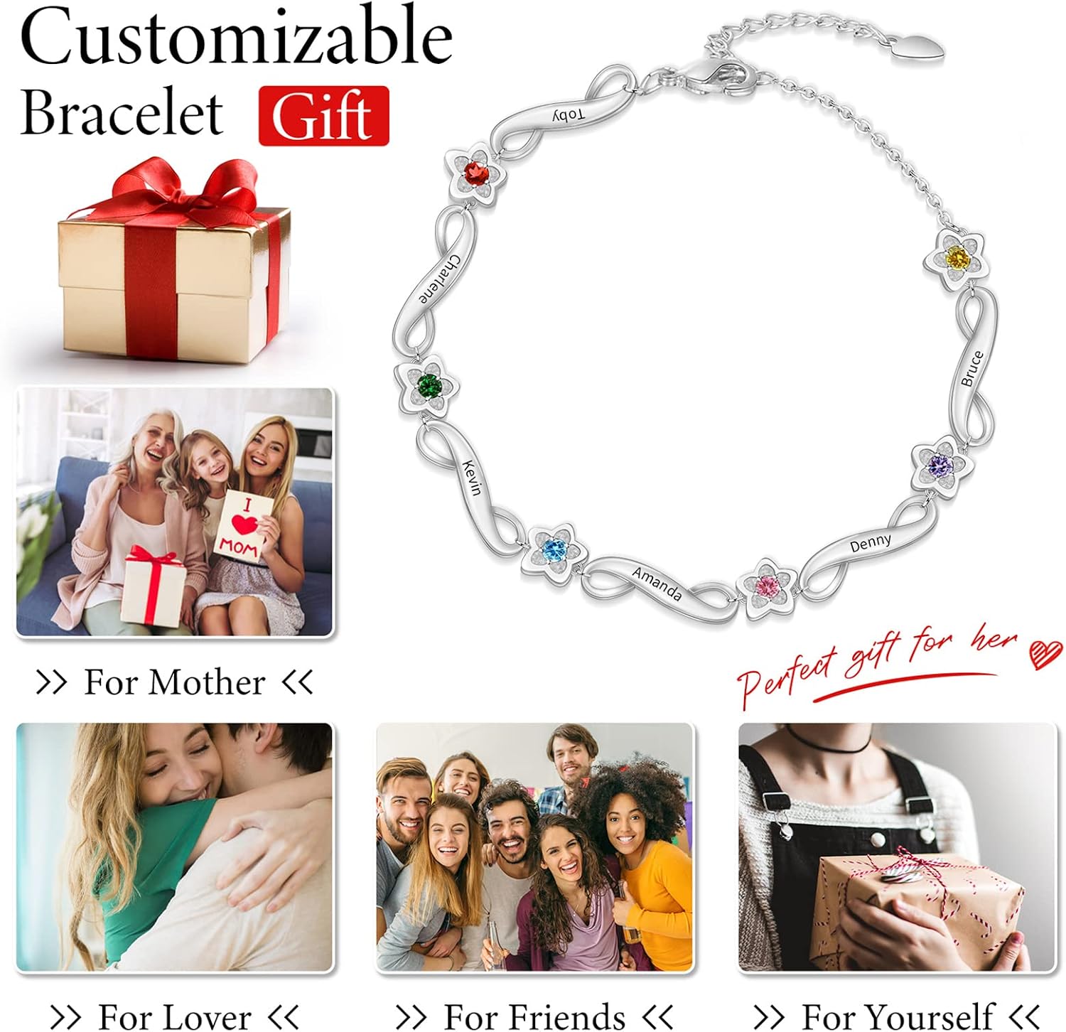 MissNaNa Personalized Infinit Bracelet for Women Flower Birthstones Bracelet Custom 1-7 Names Bracelets Anklet Adjustable Family Bracelets Christmas Gifts for Grandma Mother's Day Birthday