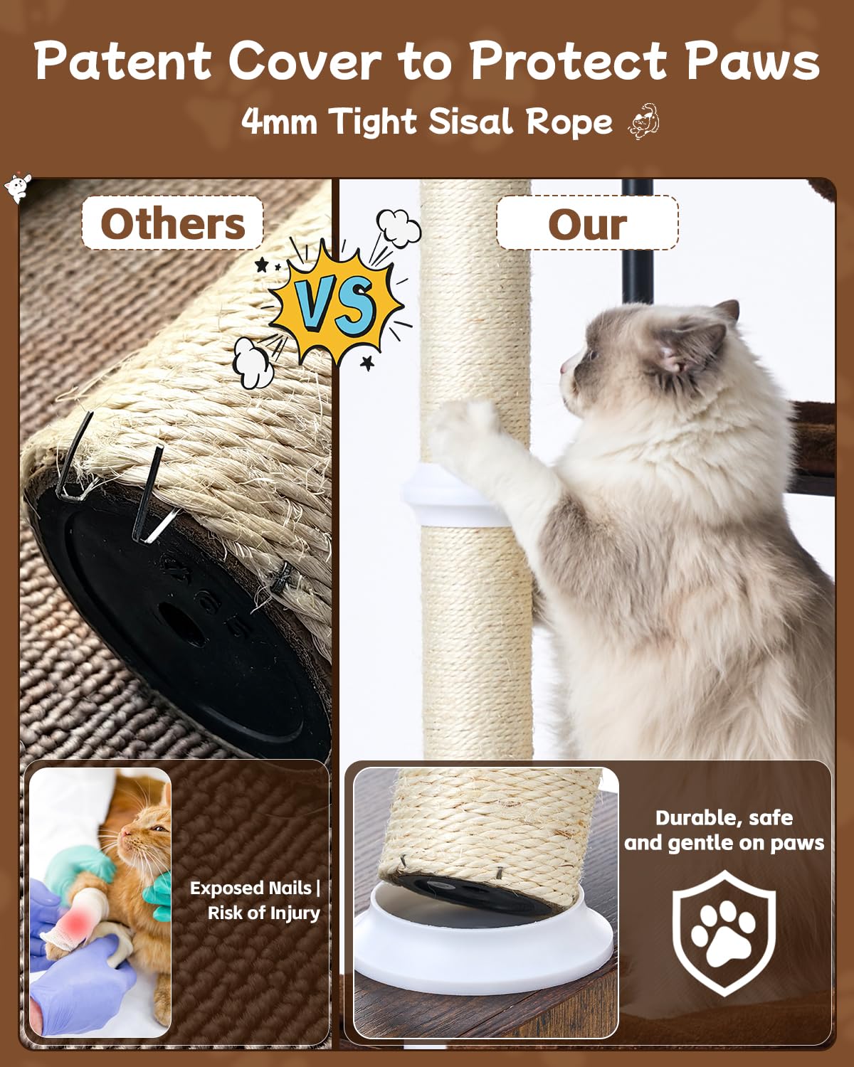FourFurPets Albero Tiragraffi per Gatti 188cm, Tiragraffi con Cuccia per Gatti e 5 Pali in Sisal, Tiragraffi a Torre per Gatti con 4 Ripiani e Casetta per Gatti Adulti, Legno Moderno (Marrone Rustico)