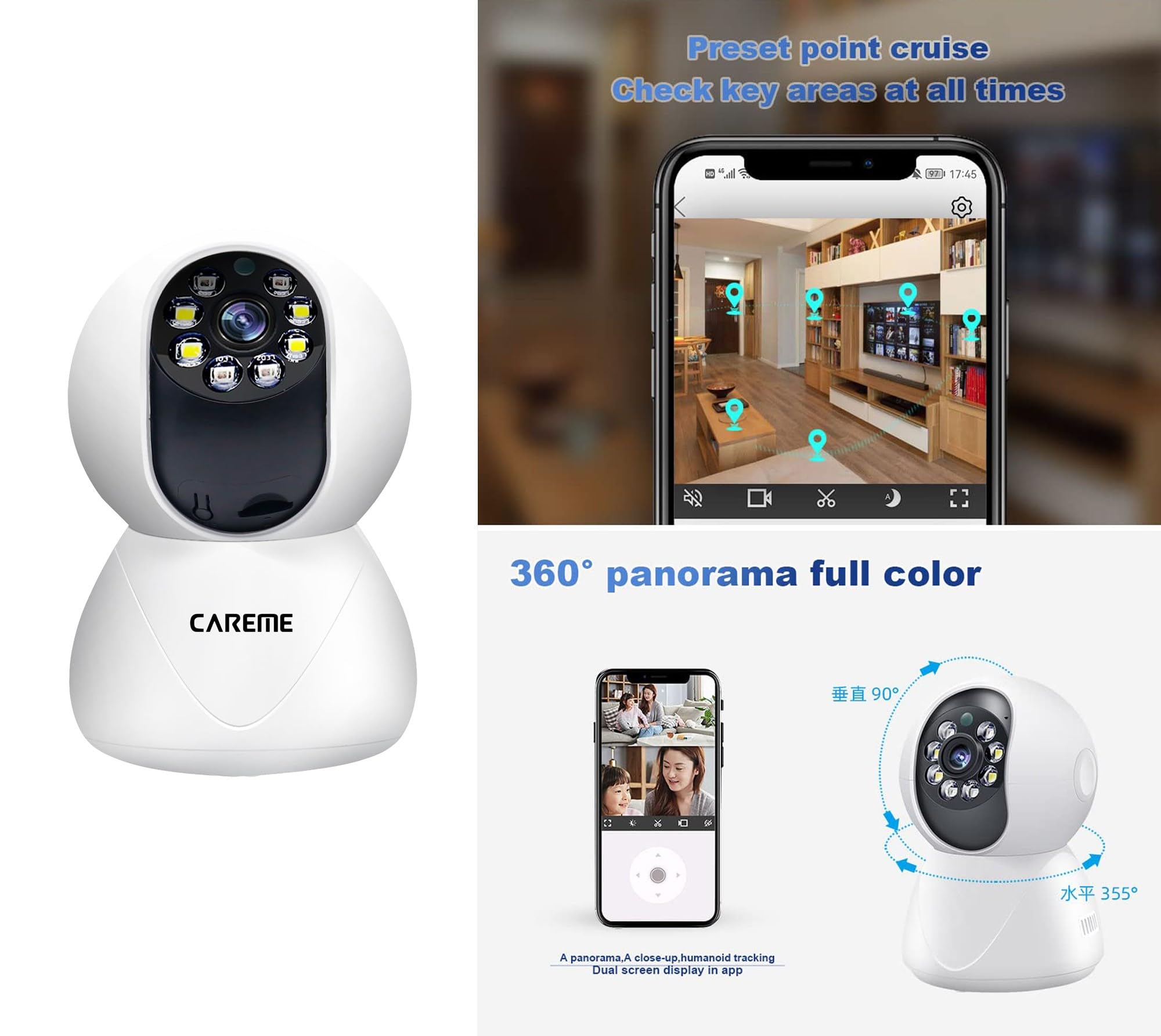 CareME 3MP 1296p Pan/Tilt Indoor Security Camera, Baby/Pet Monitor, Motion Detection, 2-Way Audio, SD Card Storage, White 3
