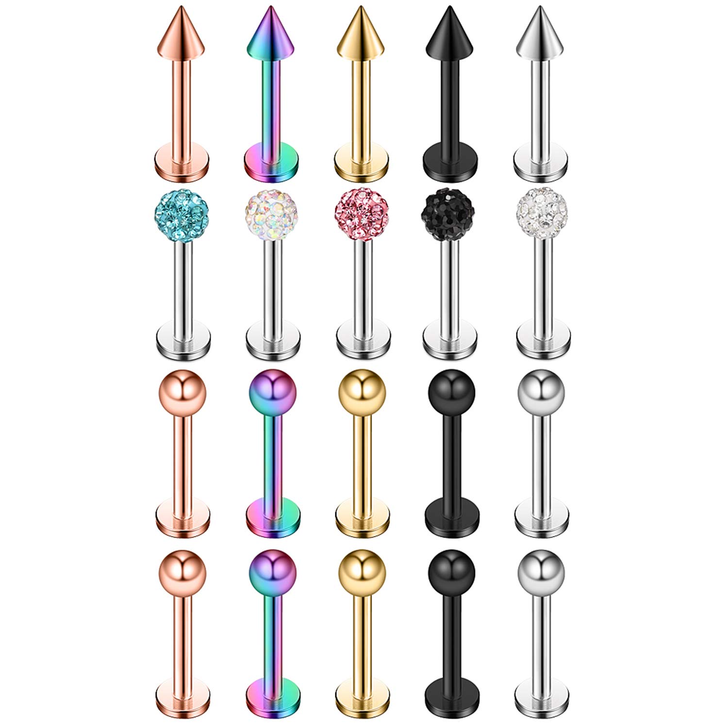 Ruifan 12-20PCS 20G Surgical Steel Labret Monroe Lip Ring Tragus Helix Earring Stud Piercing Jewelry