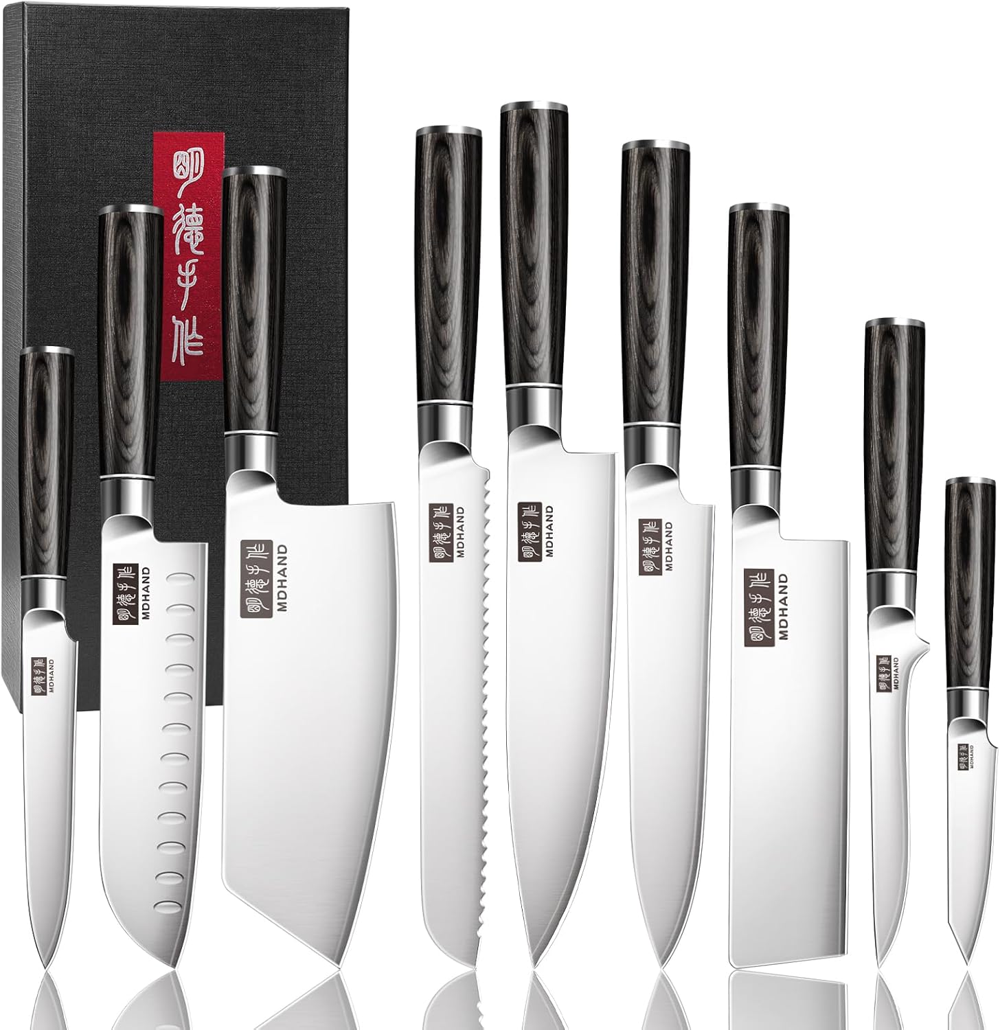 MDHAND Kitchen Knife Set, 9PCS Professional Japanese Knife Set, High Carbon Stainless Steel Chef Knife Set with Black Pakkawood Handle, Professional Ultra Sharp Kitchen Knives for Cooking, Elegant Box