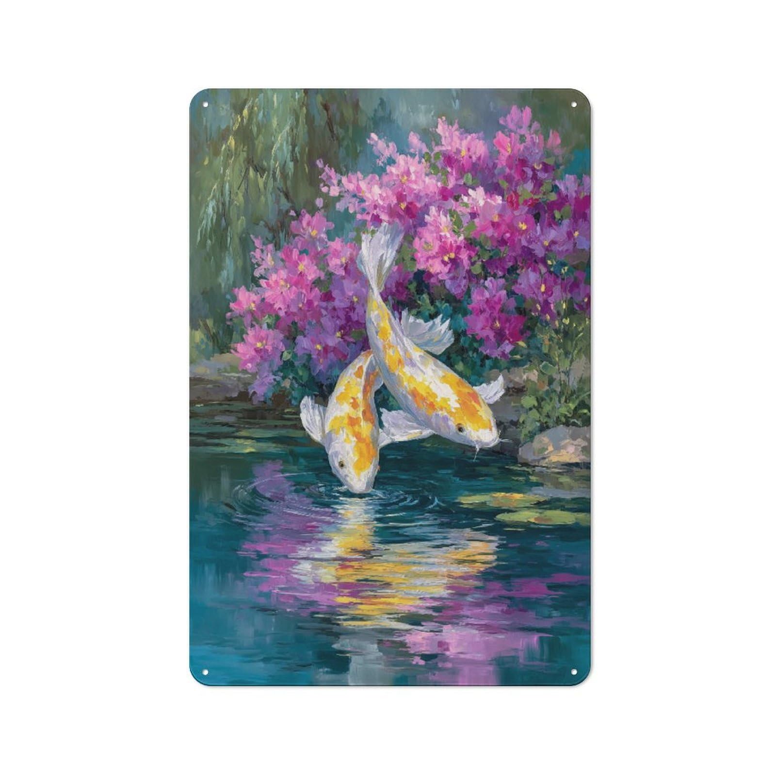 Industrial Decorative Metal Plaque 30x20cm Featuring Koi Fish Pond with Pink Flowers, Urban Room Decor for Flat, Bar, Studio Or Gallery Wall
