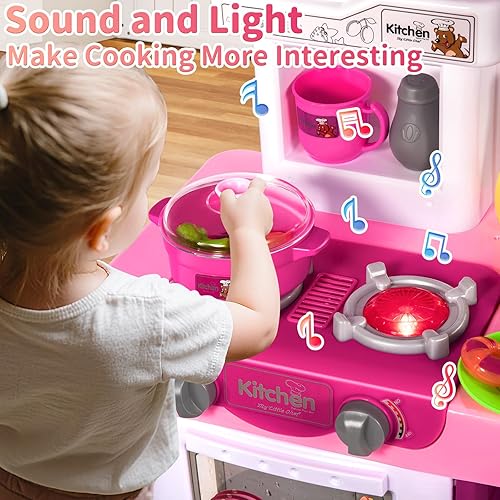 Miniatura 7 de Juego de 53 piezas de comida de simulación de cocina para niños de 3 a 6 años, 4 a 8 años, juguetes de cocina rosa con luz, sonido y pulverización,