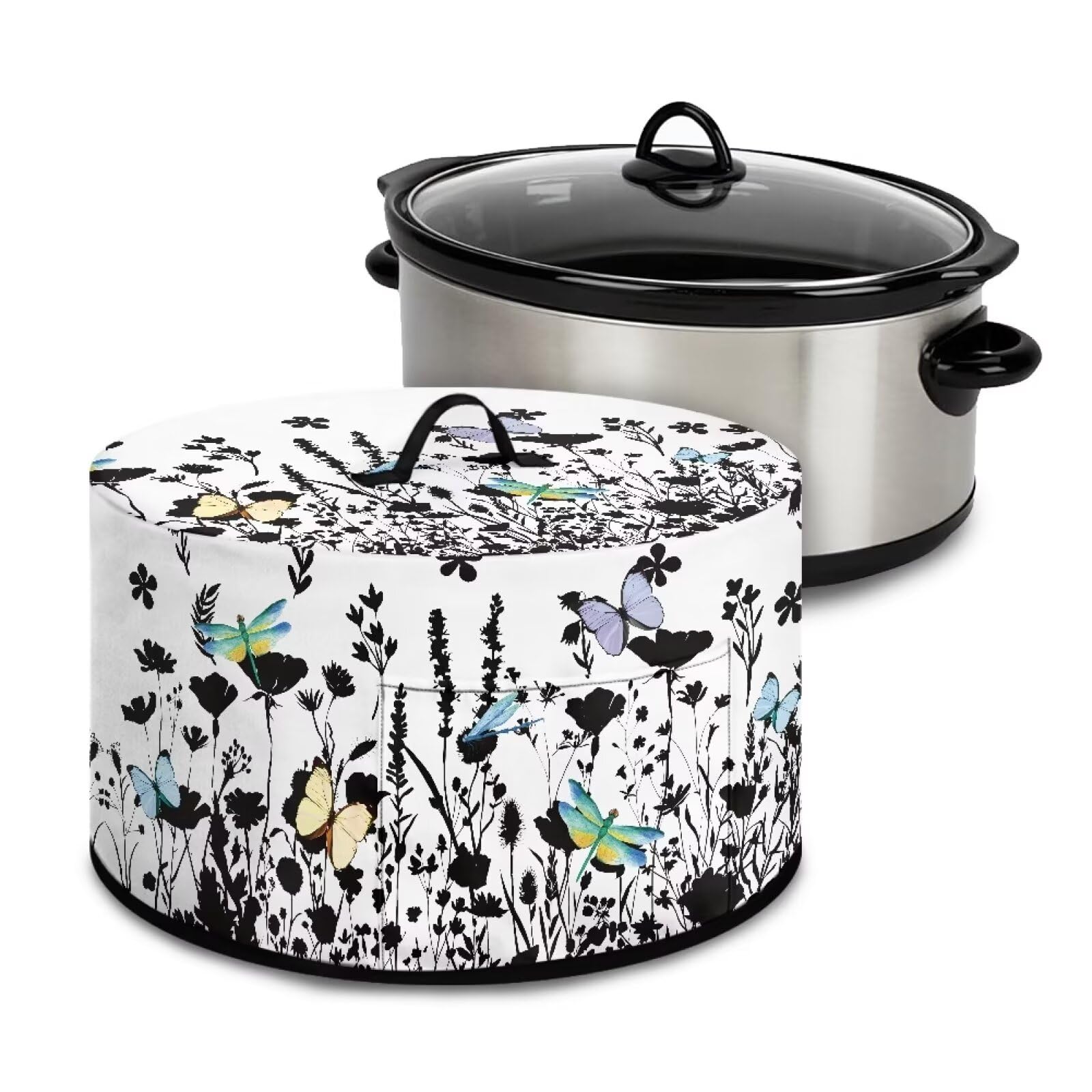 Floral 6-8 Quart Slow Cooker Crock Pot Dust Cover Butterfly Dragonfly Kitchen Appliance Accessories Dust-proof Stain Resistant Washable