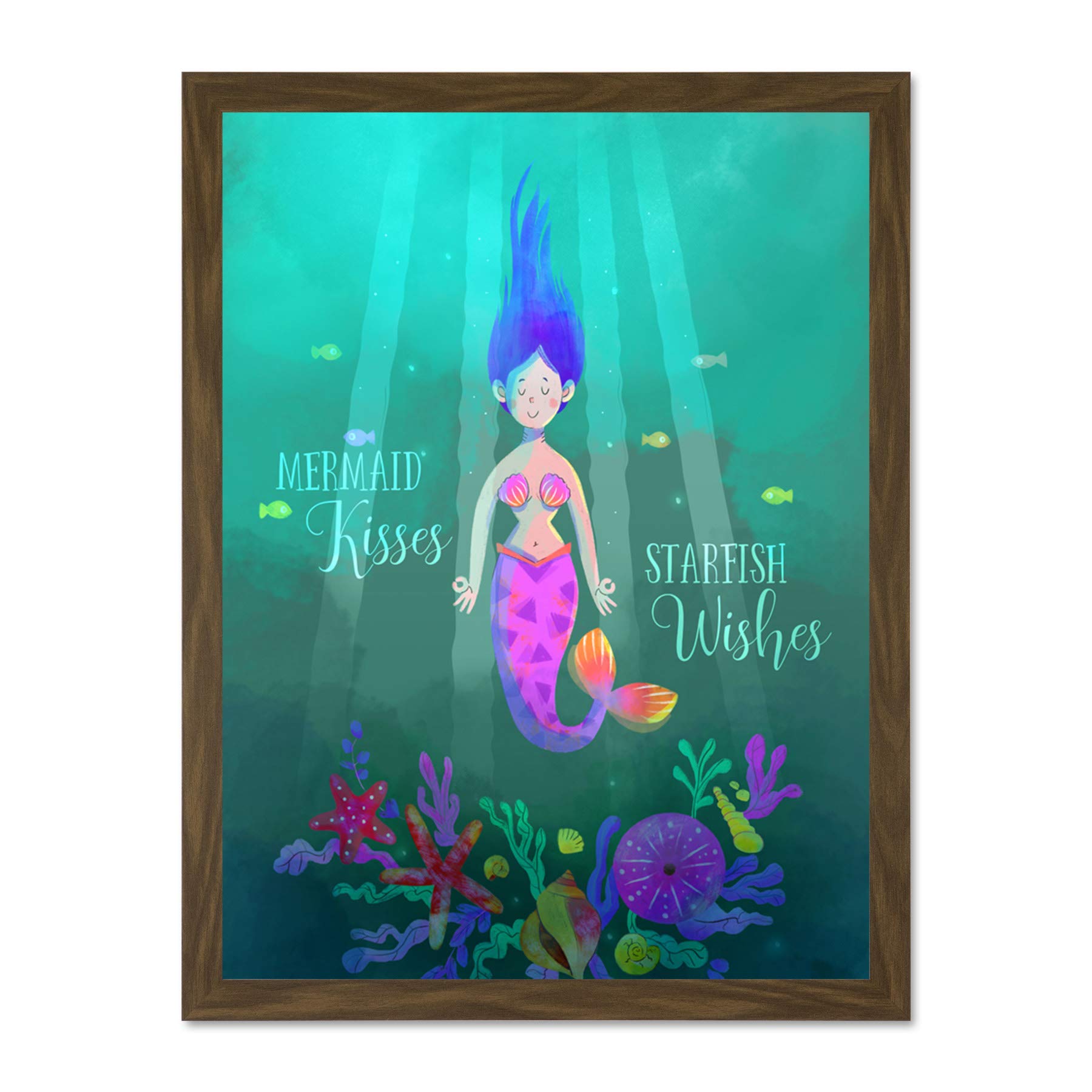 Wee Blue Coo Mermaid Kisses Starfish Wishes Wall Large Framed Art Print Poster Wall Decor 18x24 inch