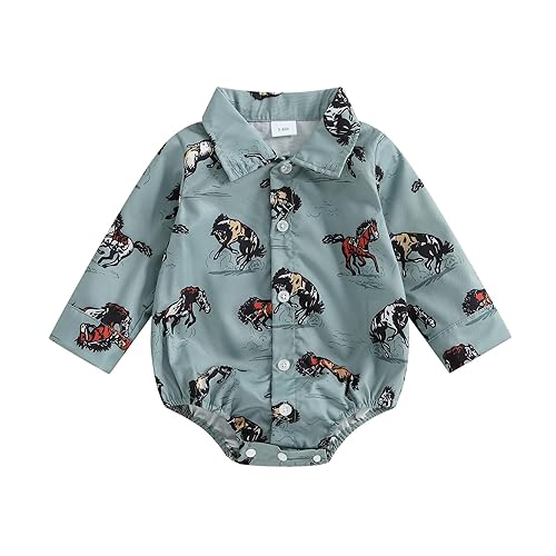 KtwHarnu Newborn Infant Western Baby Boy Clothes Cowboy Button Down Dress Shirt Bubble Romper Bodysuit Country Style Outfit - 6-12 Months - Blue Long Sleeve