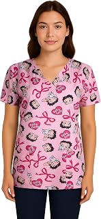 COCO BRANDS Betty Boop Women's All Over Print, V-Neck Scrub Top with Pockets - Comfortable Work Uniform