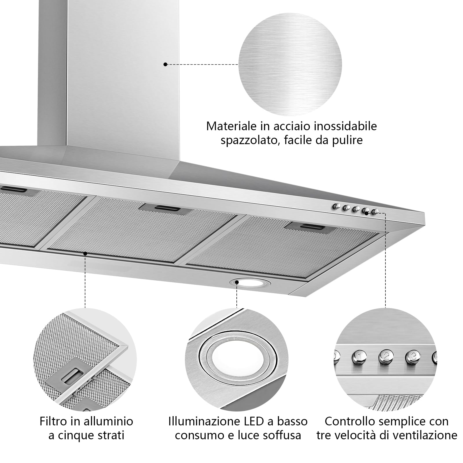 SNDOAS Cappa Aspirante 90cm Classe A++, 350 m³/h Cappa Cucina, Cappa Aspirante in Acciaio Inossidabile, con Filtro a Carbone Attivo, 3 Livelli di Velocità, LED