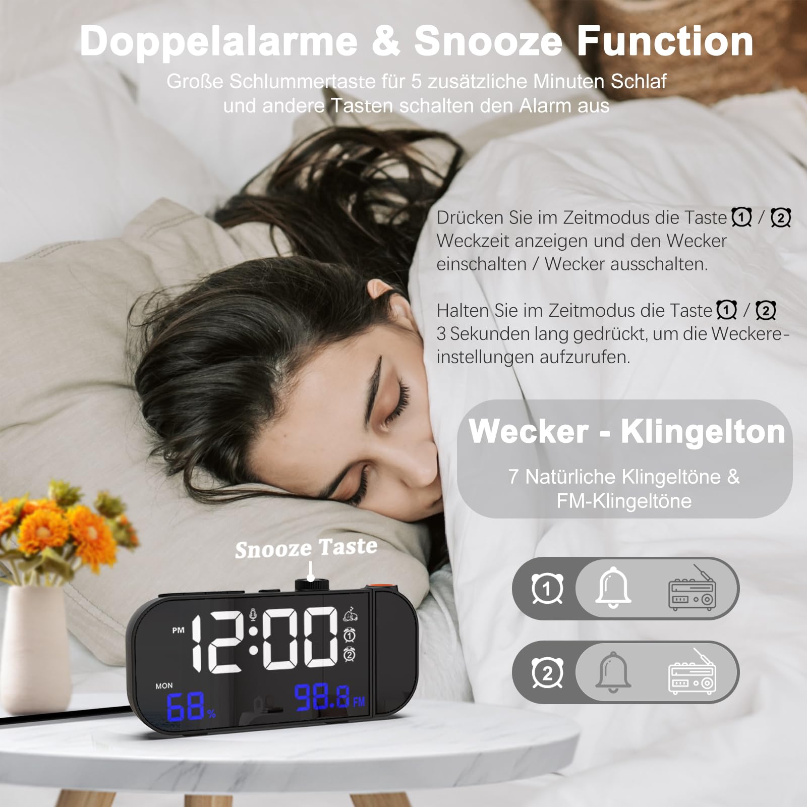 Sensore Temperatura Wireless Radiosveglia Con Proiettore 180° Dimmer 0-100% Radio FM Con Timer Spegnimento 5 Suoni 3 Volumi Con Porta Di Ricarica USB Previsioni Meteo 12-24 Ore - 10