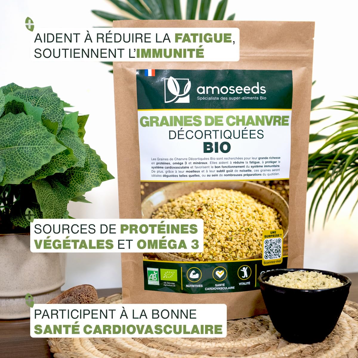 Graines de Chanvre Décortiquées Bio 500G | Origine EU, Protéines végétales, Anti-fatigue | Qualité Supérieure