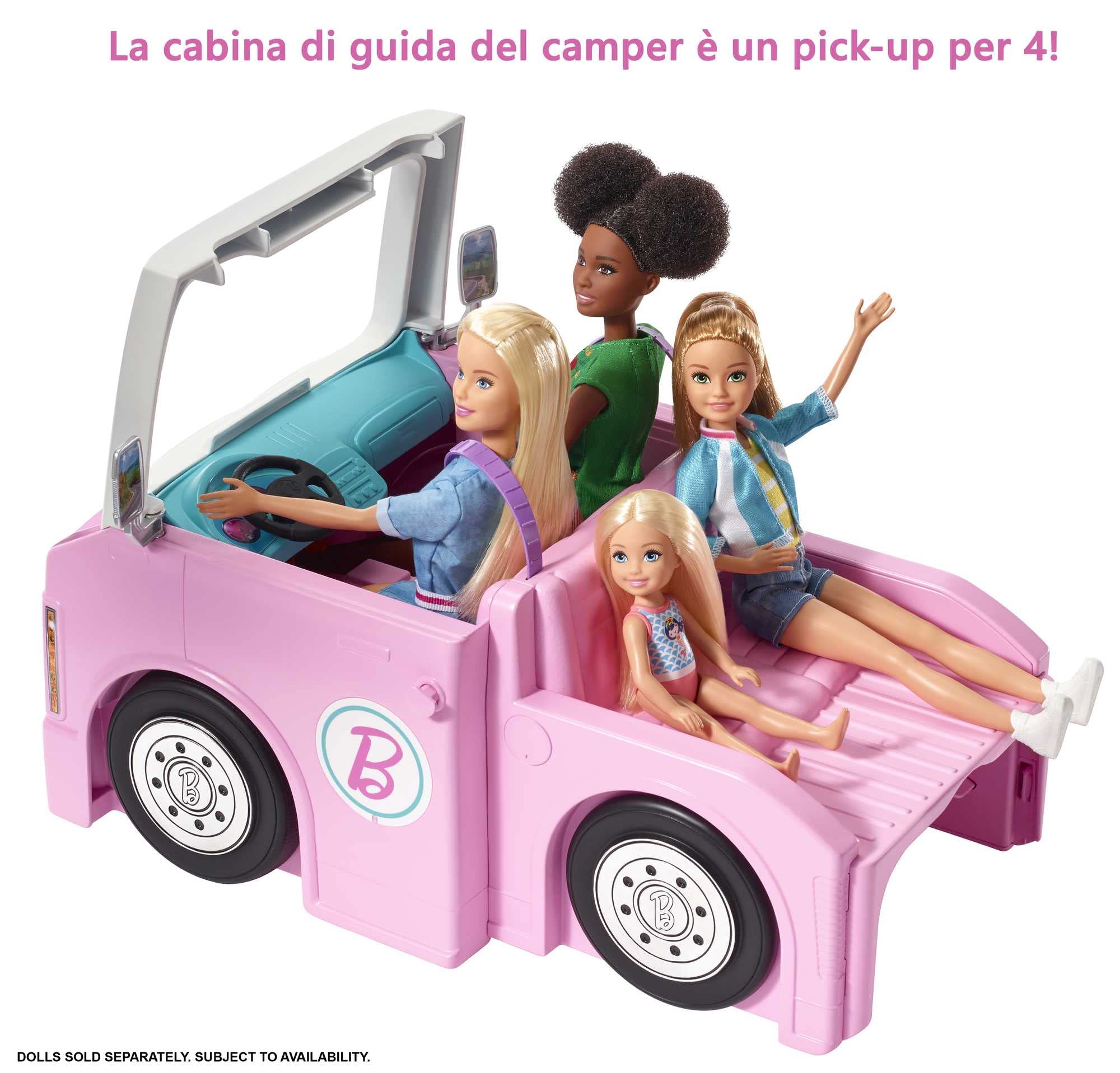 Barbie Camper dei Sogni - Veicolo 3 in 1 Trasformabile con Piscina - Pick-Up e Barca - Dettagli realistici - 50 Accessori - Regalo Bambini 3-7 Anni, GHL93
