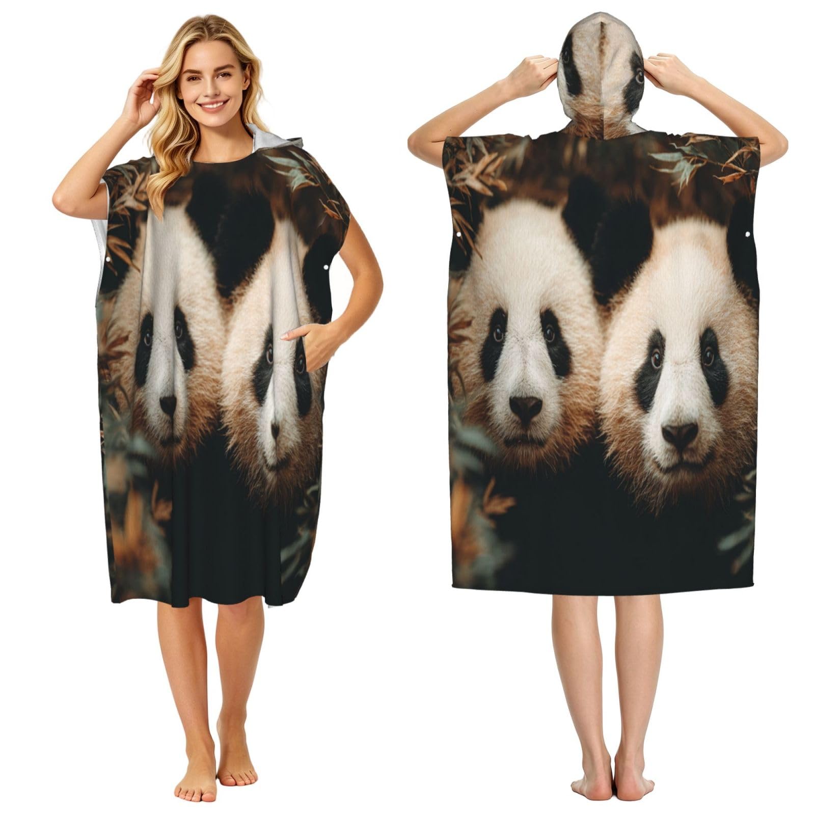 KLGRTJHK Two Adorable Panda Cubs Adult Hooded Beach Poncho Towel 43"X35"